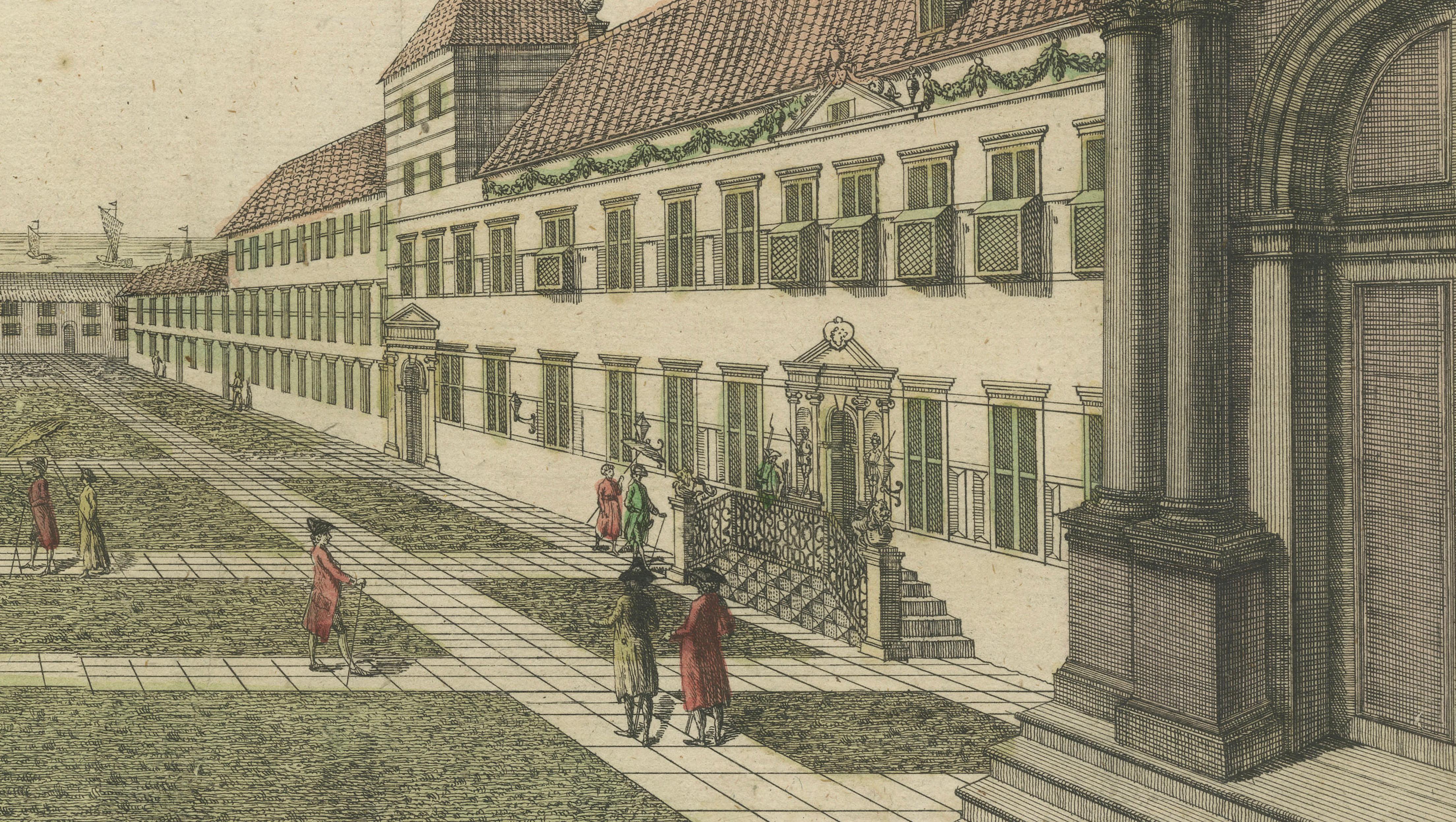 Hof der Schlosskirche von Batavia - Vue d'Optique, Indonesien um 1770 im Zustand „Relativ gut“ im Angebot in Langweer, NL