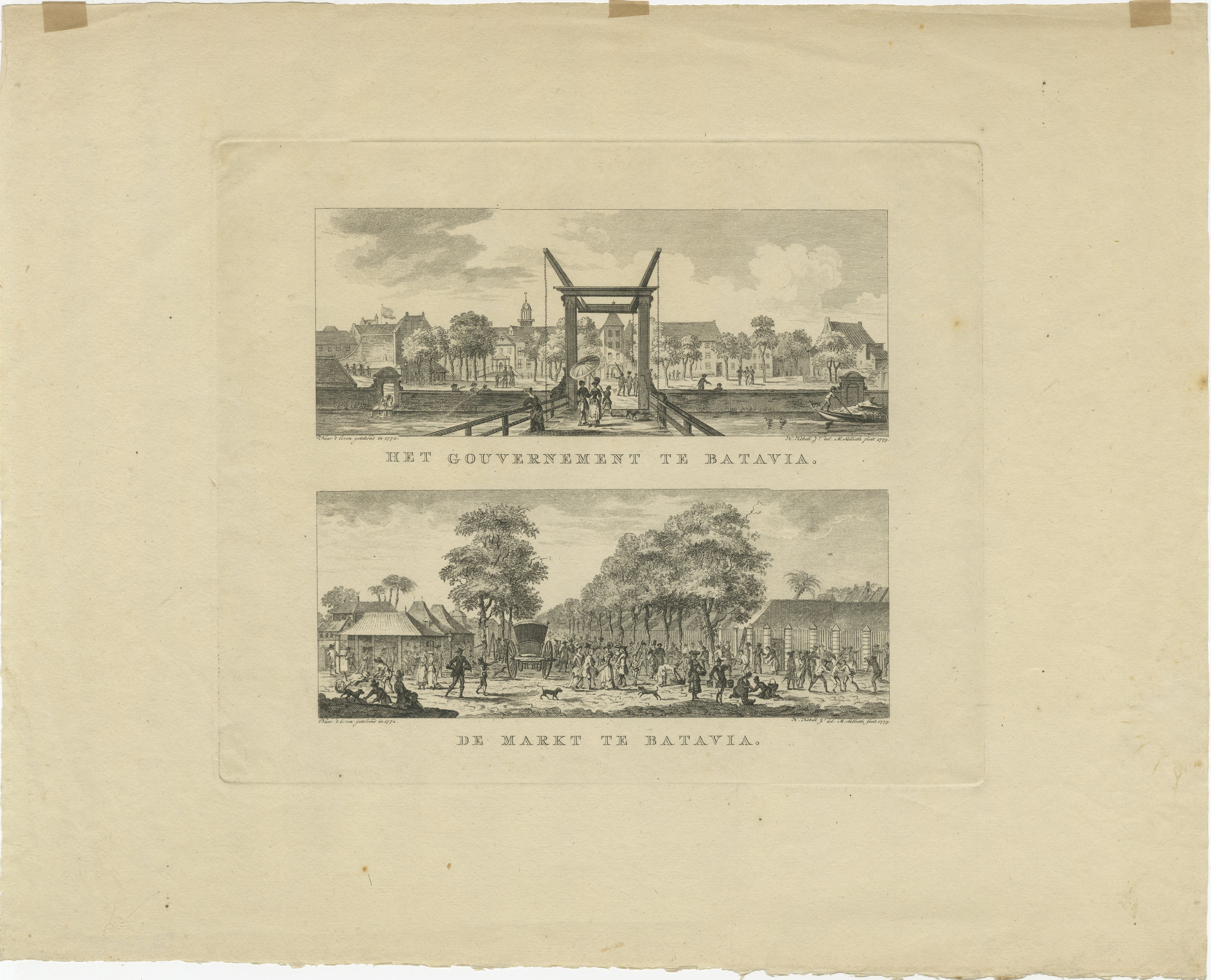 Vedute di Batavia - Casa del Governo e scene di mercato, 1780 circa

Si tratta di un'incisione originale della fine del XVIII secolo che presenta due vedute dettagliate di Batavia (oggi Giacarta, Indonesia) sotto il dominio della Compagnia Olandese