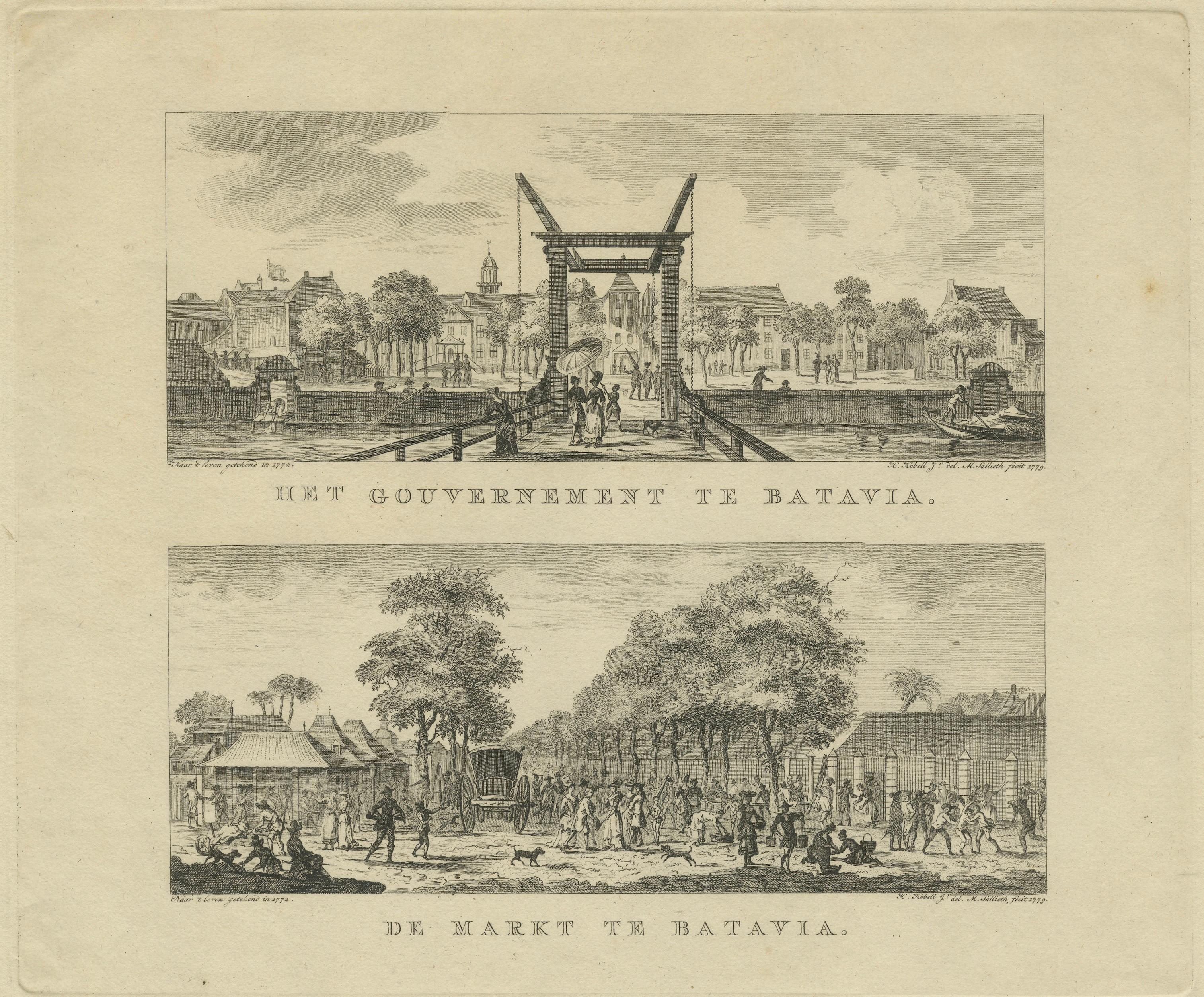Olandese Scene del mercato di Batavia e Casa del Governo - Stampe antiche del periodo VOC, 1780 ca. in vendita