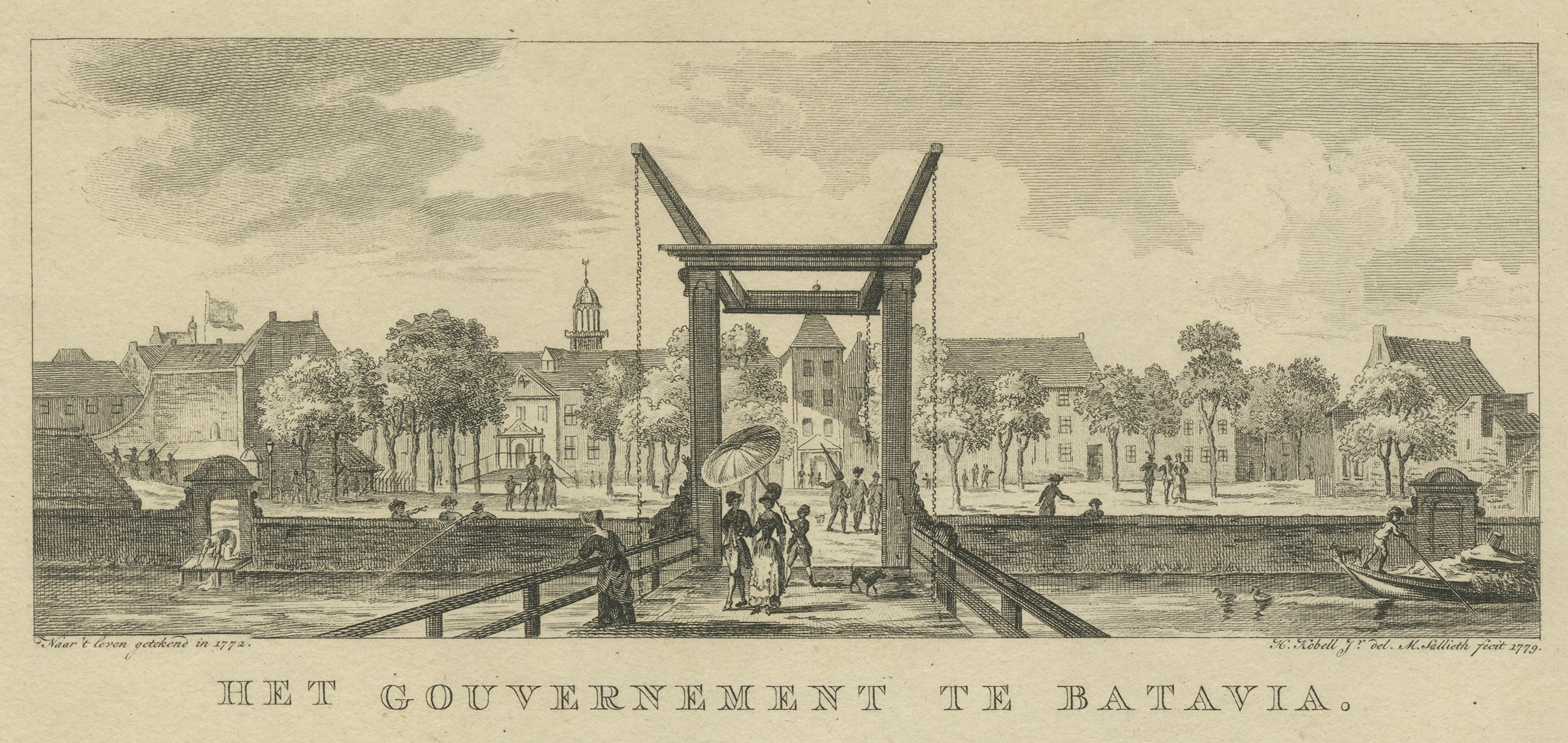 Inciso Scene del mercato di Batavia e Casa del Governo - Stampe antiche del periodo VOC, 1780 ca. in vendita