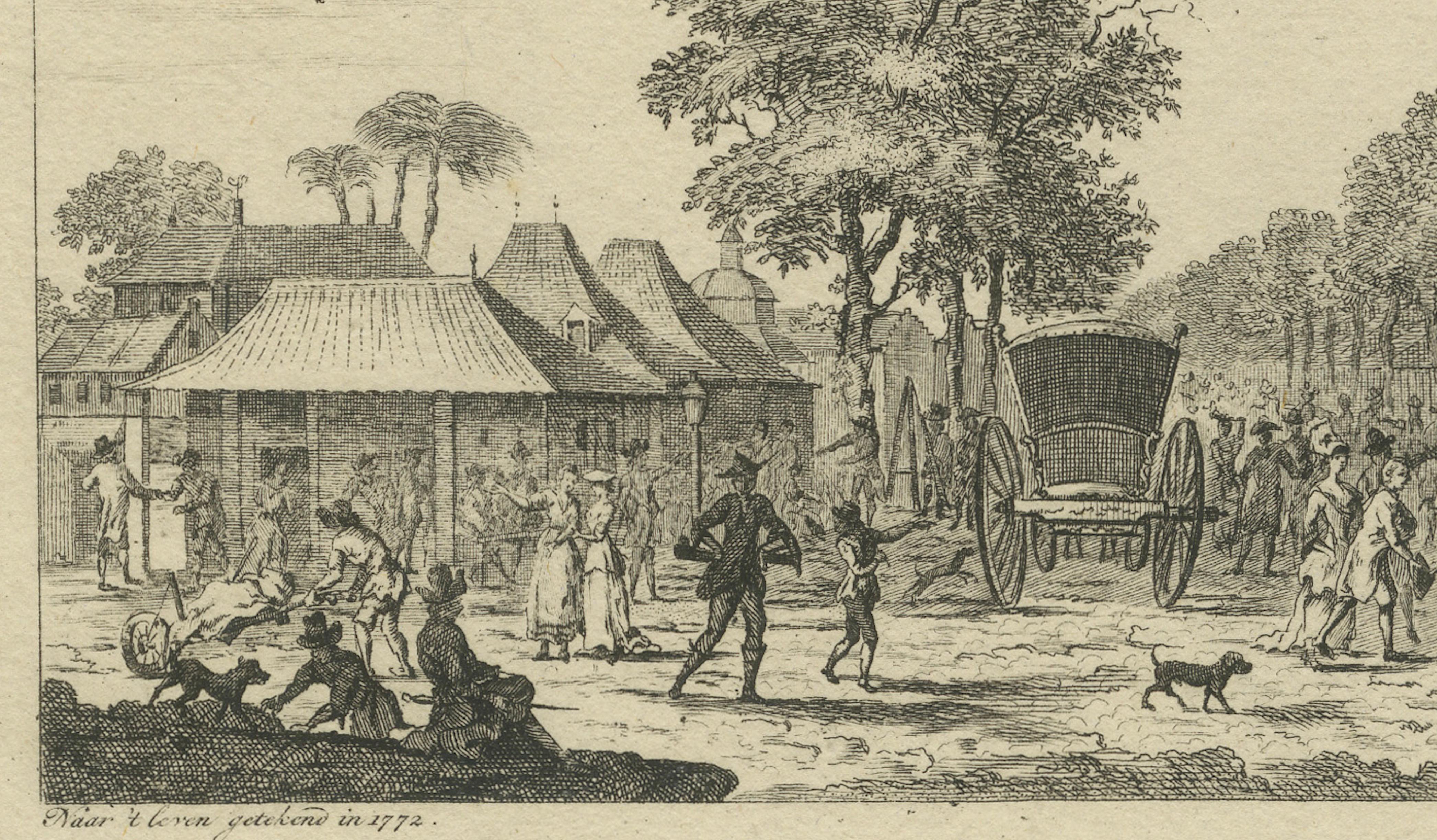 Carta Scene del mercato di Batavia e Casa del Governo - Stampe antiche del periodo VOC, 1780 ca. in vendita