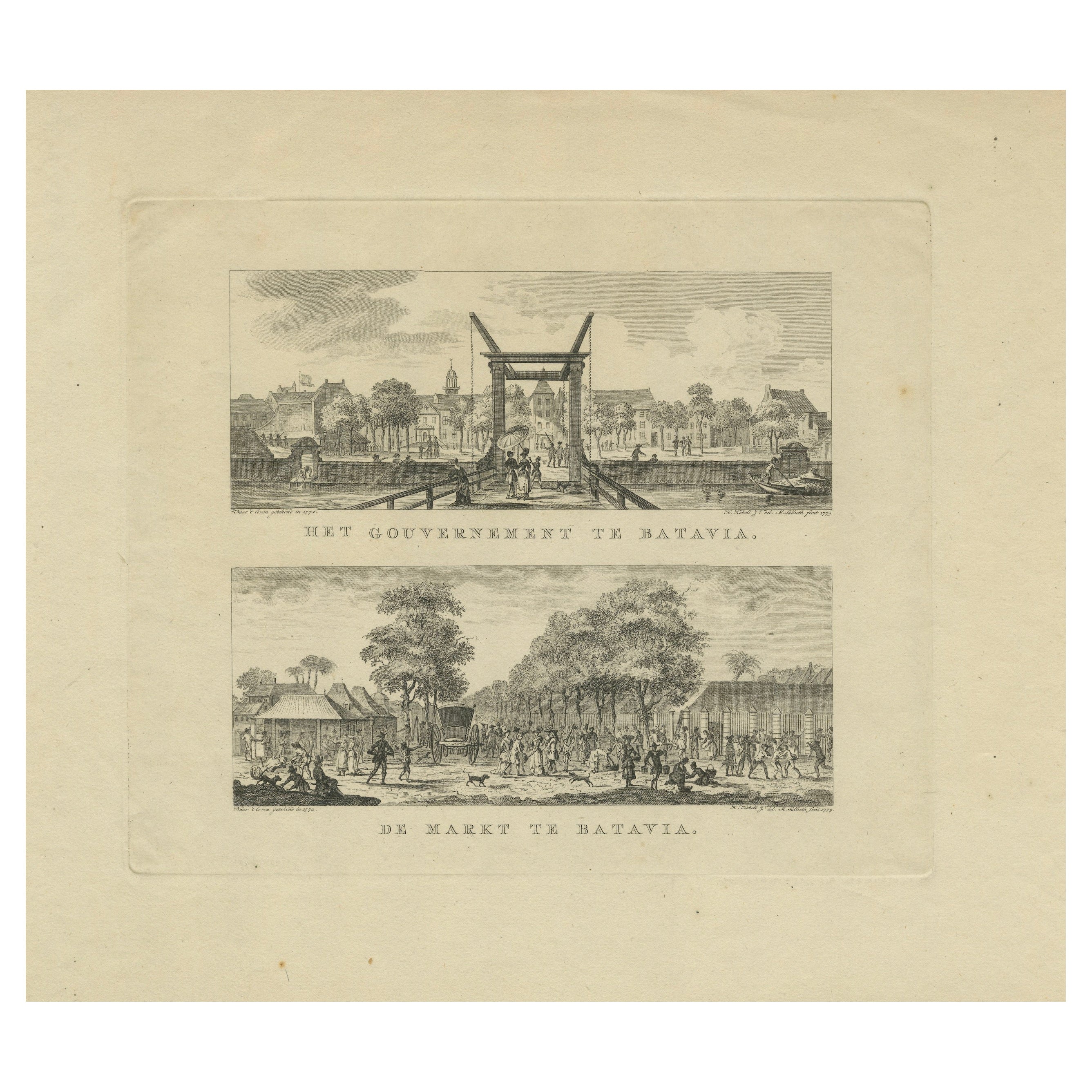 Scene del mercato di Batavia e Casa del Governo - Stampe antiche del periodo VOC, 1780 ca. in vendita