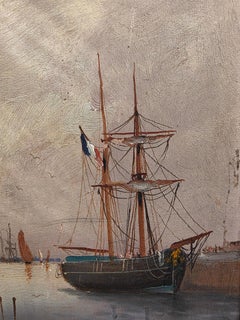 Bateaux au Port, Hand-Painted Oil on Panel, Late 19th Century