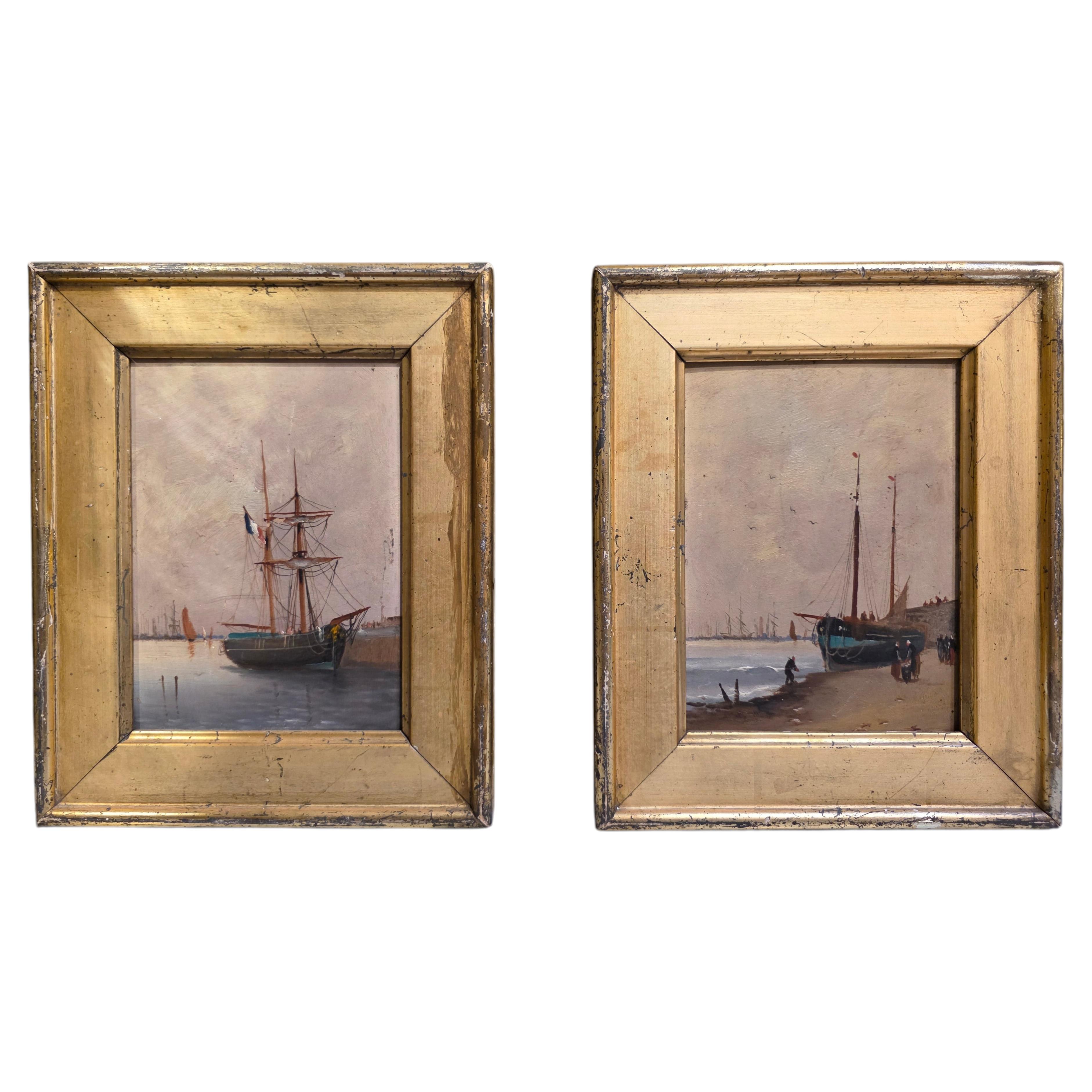Bateaux au Port, Hand-Painted Oil on Panel, Late 19th Century