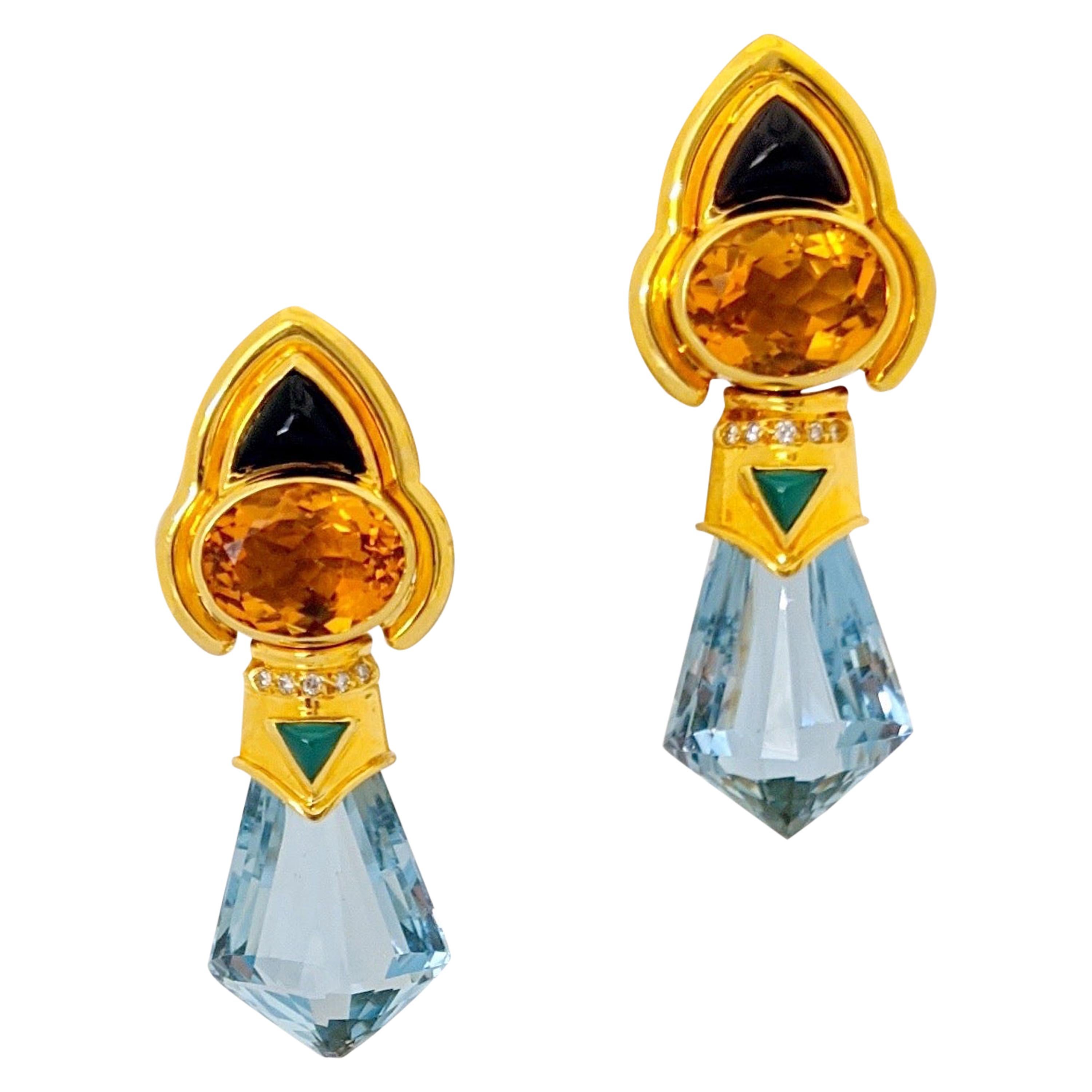 Baten 18 Karat Gold Retro Earrings with Blue Topaz Green Agate Citrine and Onyx