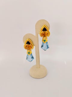 Baten 18 Karat Gold Retro Earrings with Blue Topaz Green Agate Citrine and Onyx