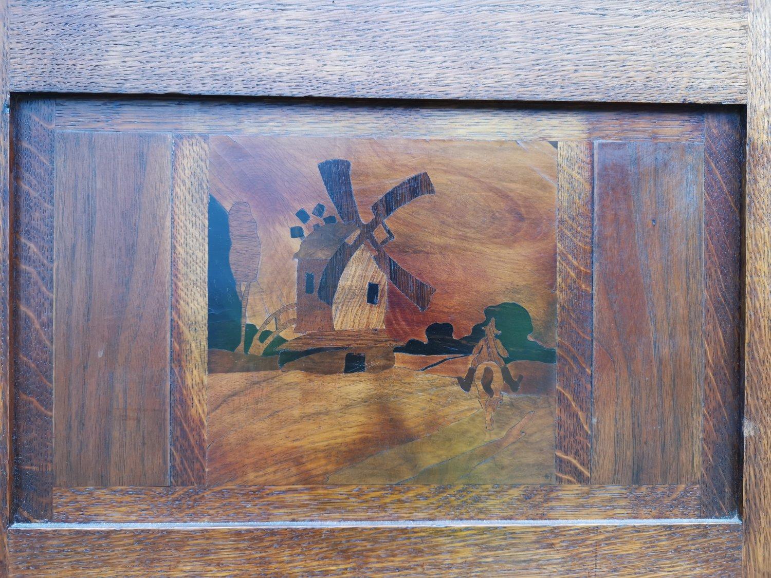 Bath Cabinet Makers, an Arts & Crafts Oak Sideboard with Dutch Inlaid Scenes For Sale 4