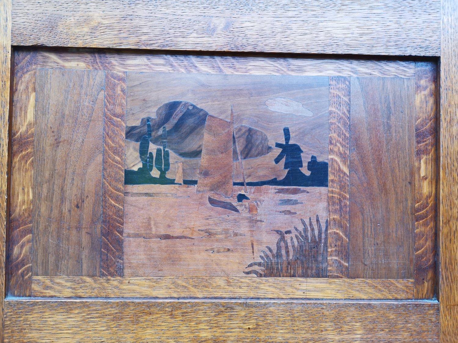 Bath Cabinet Makers, an Arts & Crafts Oak Sideboard with Dutch Inlaid Scenes For Sale 7