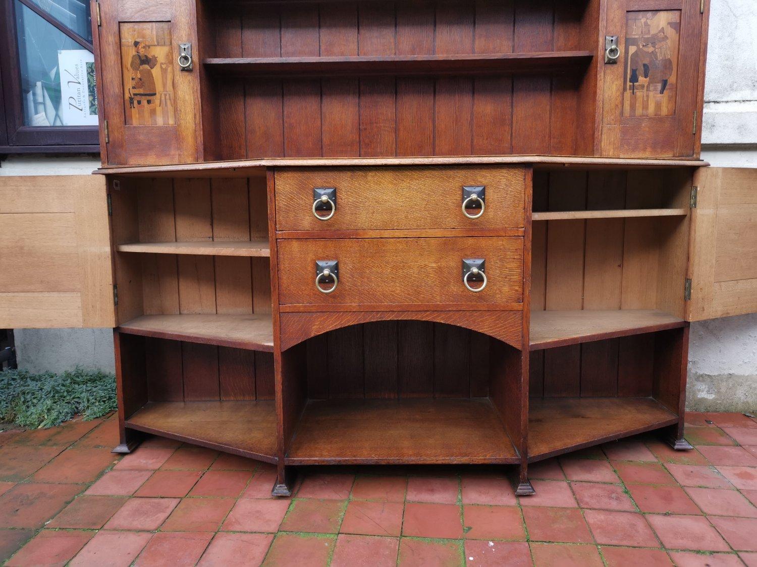 Bath Cabinet Makers, an Arts & Crafts Oak Sideboard with Dutch Inlaid Scenes For Sale 13