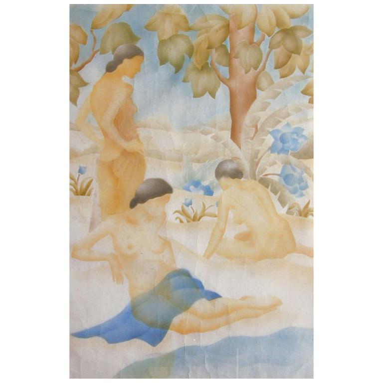 "Bathers, " a watercolor pochoir by circle of William Hentschel