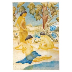 "Bathers, " Art Deco Watercolor Pochoir in Yellow and Blue