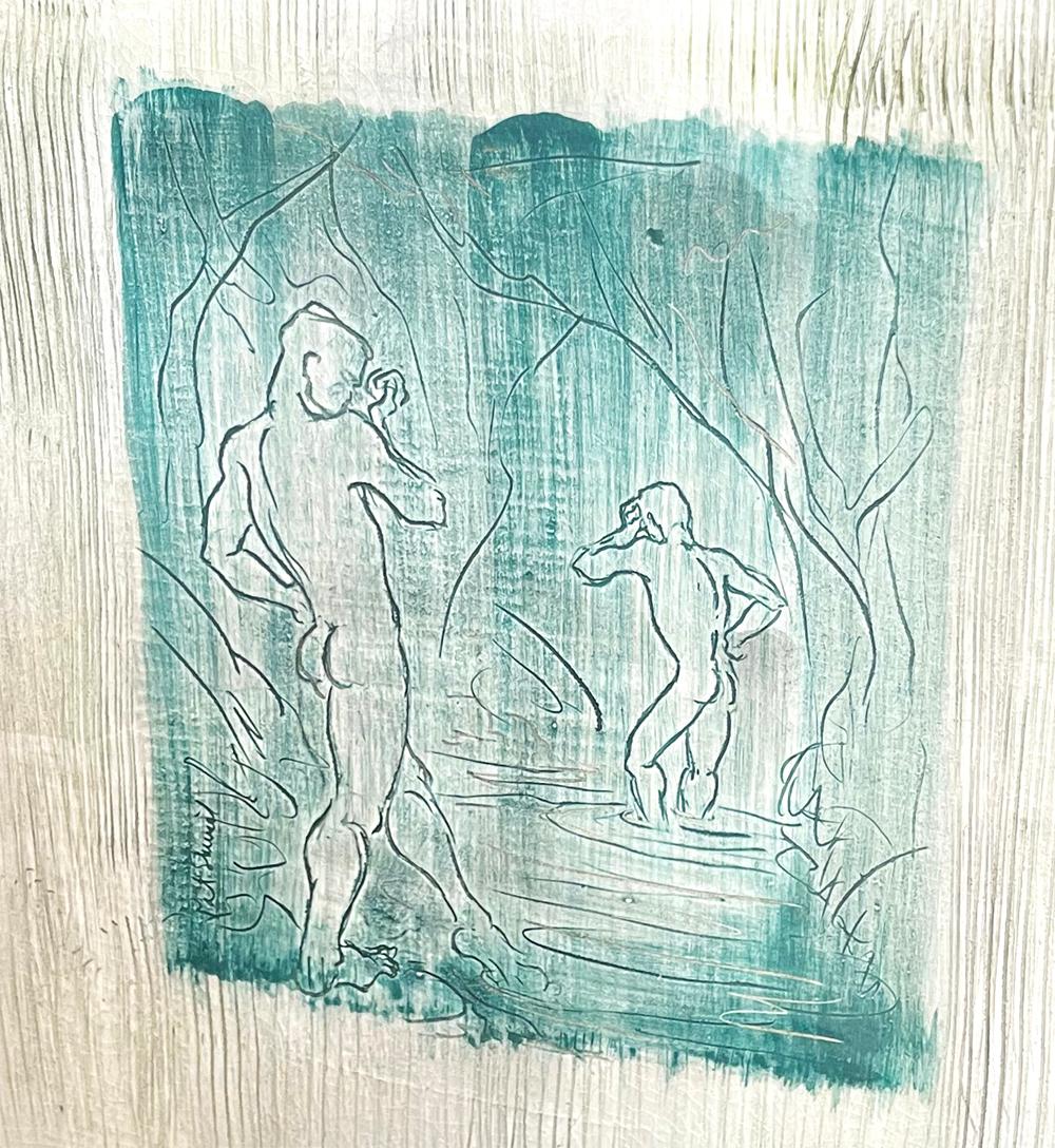 One of the largest and rarest pieces by Pat and Covey Stewart we have ever seen, this lamp base (never fitted) depicts two nude male bathers along the Laguna Beach shoreline, glazed in the pale sea green color favored by Pat when creating his