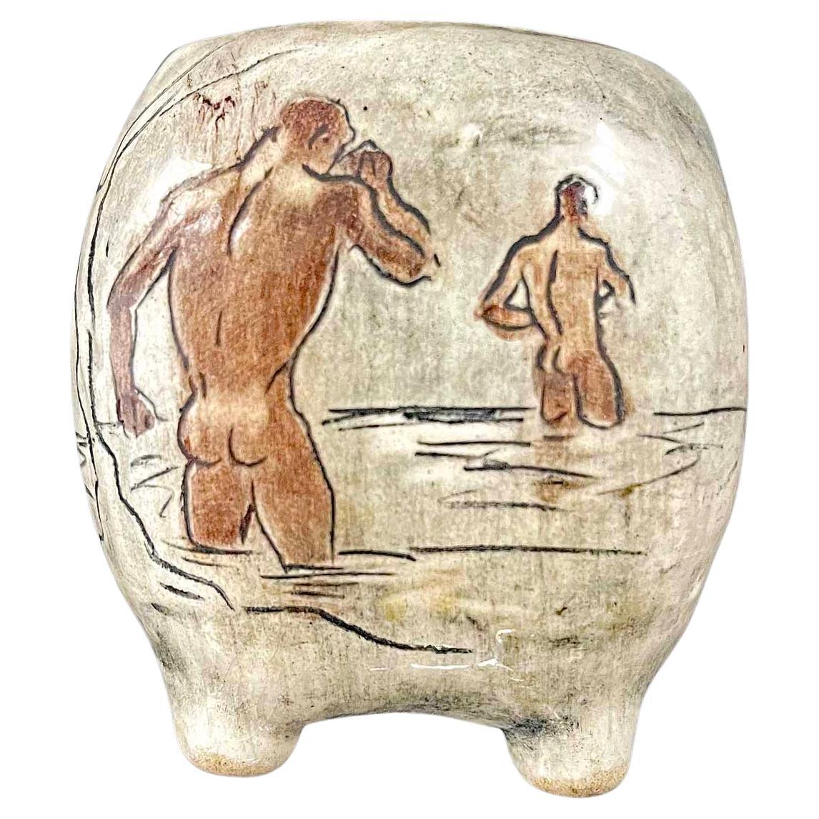 "Bathers at Laguna Beach", Hand-Formed Vase with Male Nudes by Stewart, 1952 For Sale