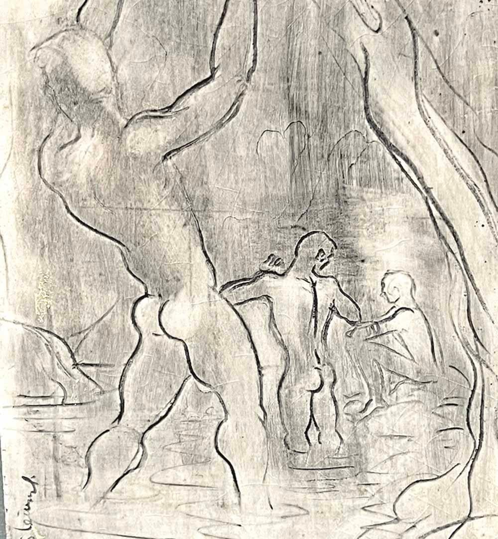 Exemple unique et frappant du travail de Pat et Covey Stewart à Laguna Beach, en Californie, ce vase représente un groupe de trois hommes nus se baignant le long de la côte rocheuse, encadrés par des arbres et profitant de la fraîcheur ombragée de