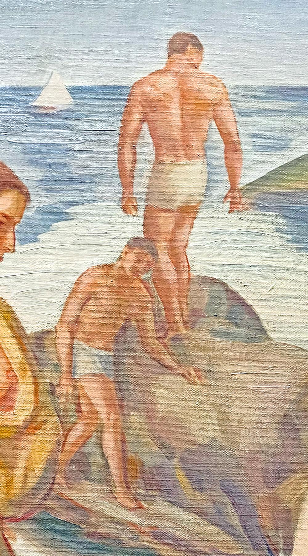 Beautifully painted in muted tones of honey, soft blue and dusty pink, this evocative painting from the 1930s depicts two nude and semi-nude female figures along the seashore, framing a pair of men in swimsuits clambering over rocks in the distance.