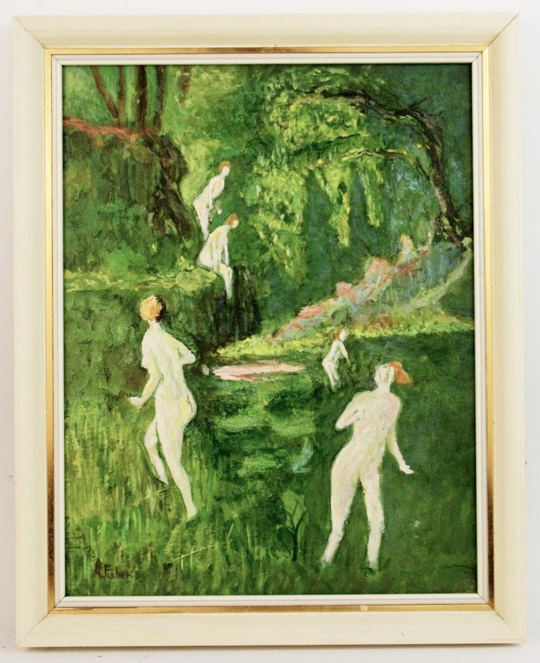 Nude Bathers in a Forest Stream Figurative Landscape For Sale 2