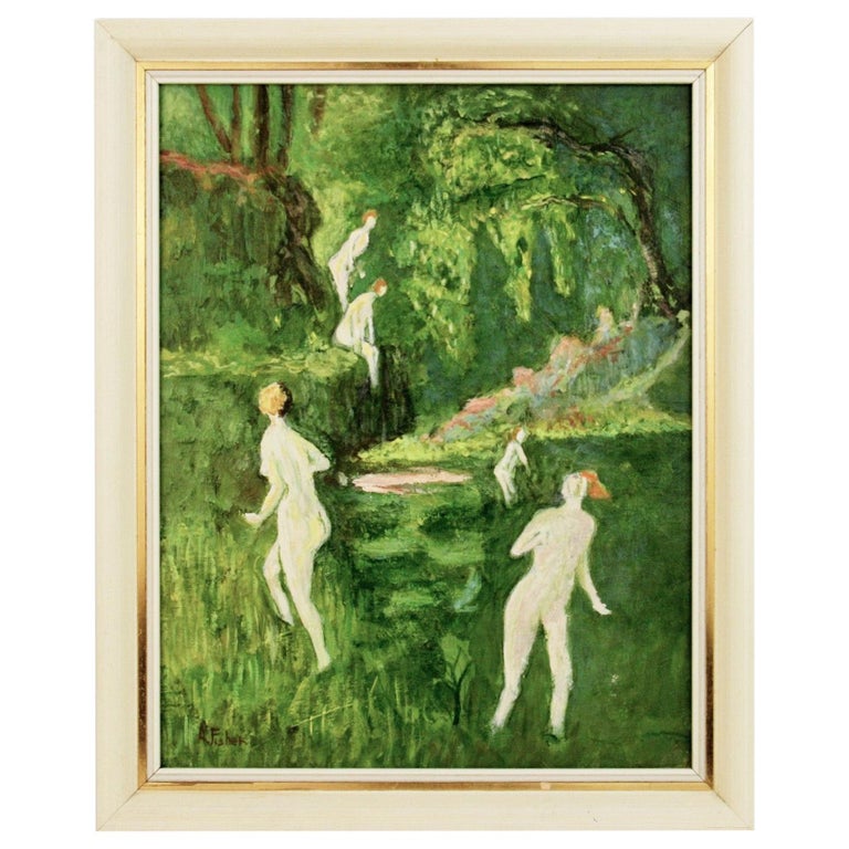 Nude Bathers in a Forest Stream Figurative Landscape For Sale