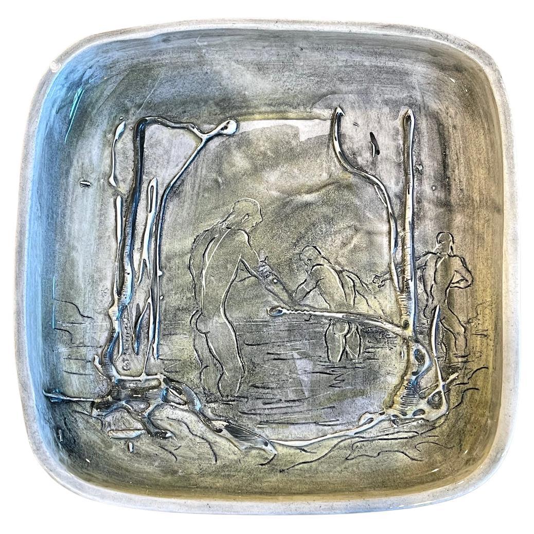 "Bathers in the Marsh, " Mid Century Dish with Male Nudes Along Laguna Coast For Sale