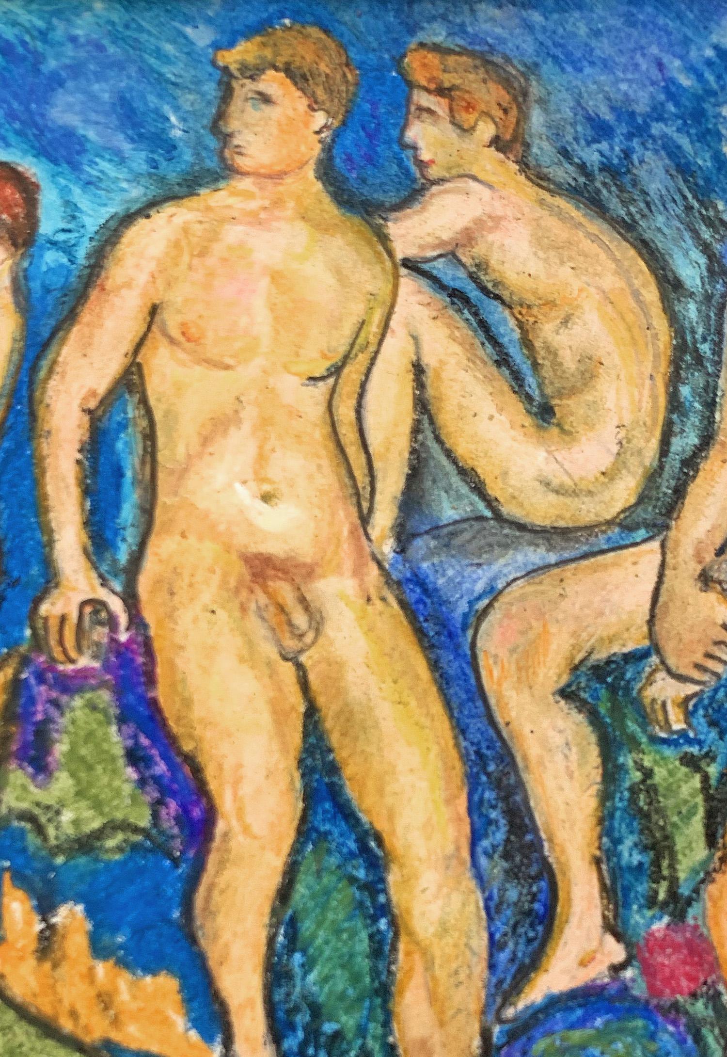 Diese schöne Zeichnung von vier nackten männlichen Figuren, die in die Ferne blicken, kontrastiert realistische menschliche Figuren mit einer stark abstrahierten Umgebung in kräftigen Blautönen, Grüntönen und gebrannter Siena. Die Zeichnung ist