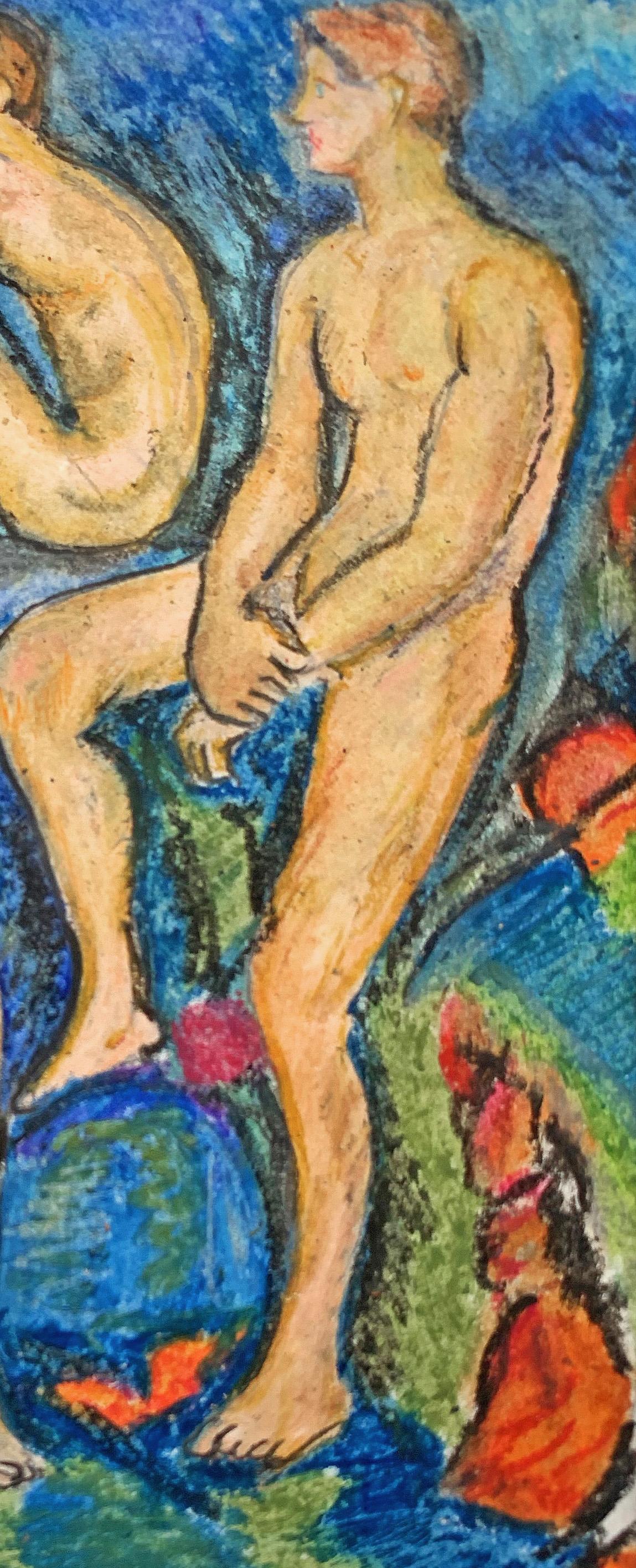 „Bathers“, Ölpastell-Zeichnung mit vier nackten männlichen Figuren in Blau und Grün (Moderne der Mitte des Jahrhunderts) im Angebot