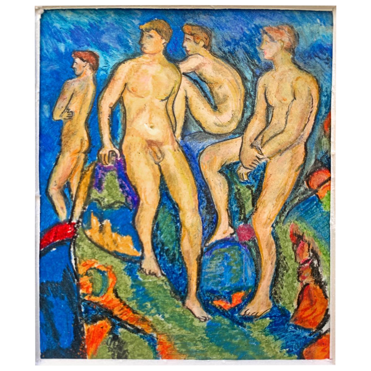"Bathers," Oil Pastel Drawing with Four Nude Male Figures in Blue and Green
