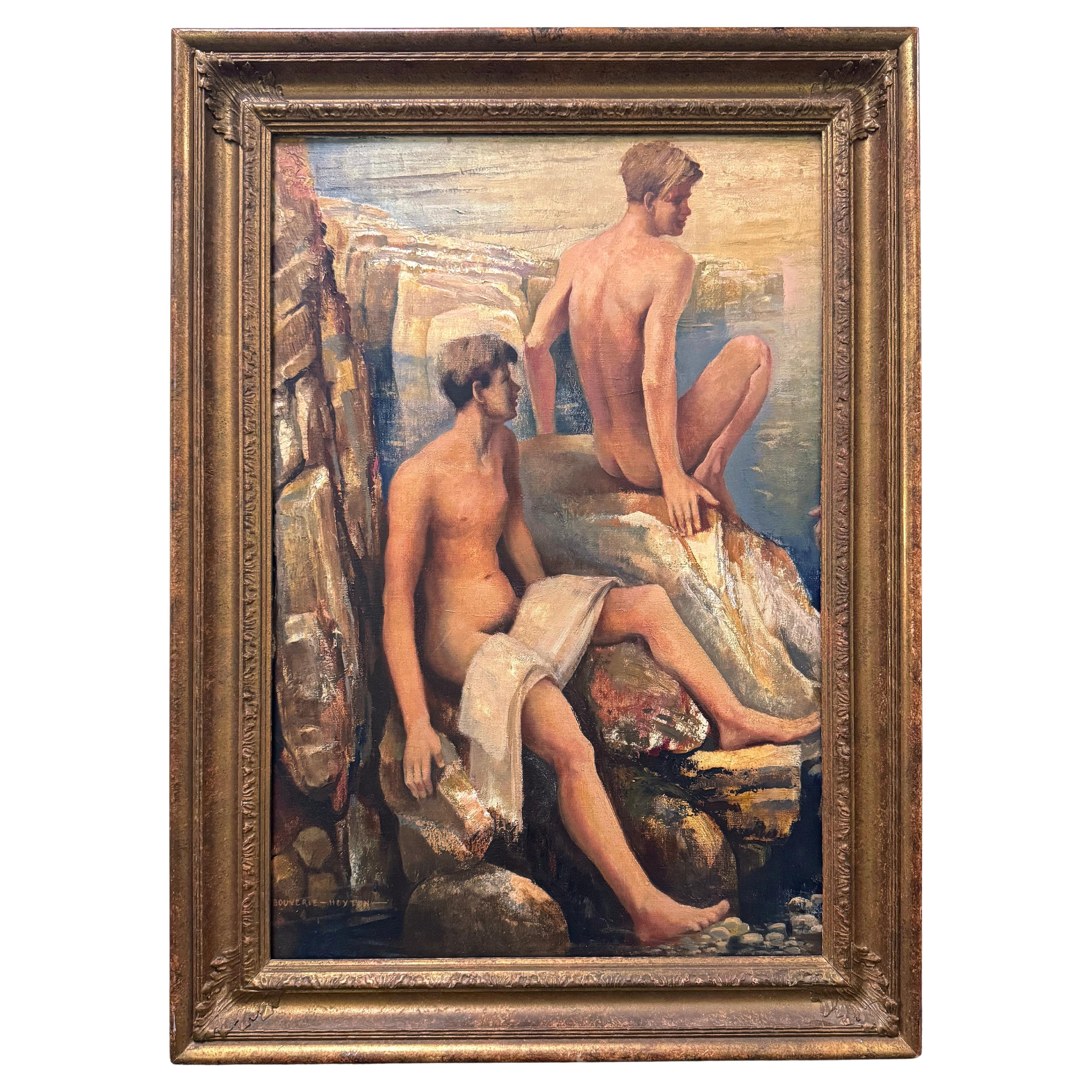 "Baigneurs sur un rivage rocailleux", étonnante peinture anglaise de figures masculines nues, années 1930