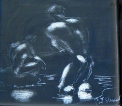 "Bathers, " Rare Ceramic Dish with Nude Male Figures by Stewart, Laguna Beach