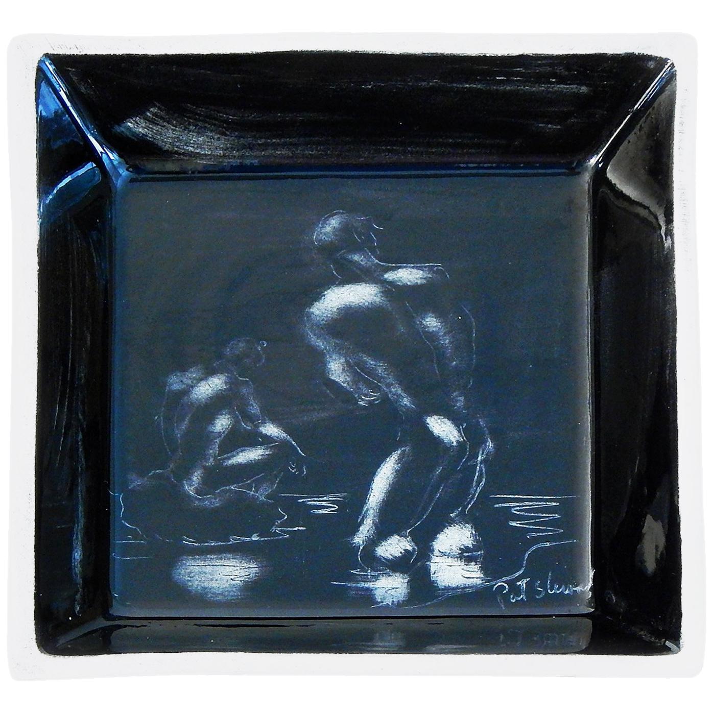 "Bathers, " Rare Ceramic Dish with Nude Male Figures by Stewart, Laguna Beach