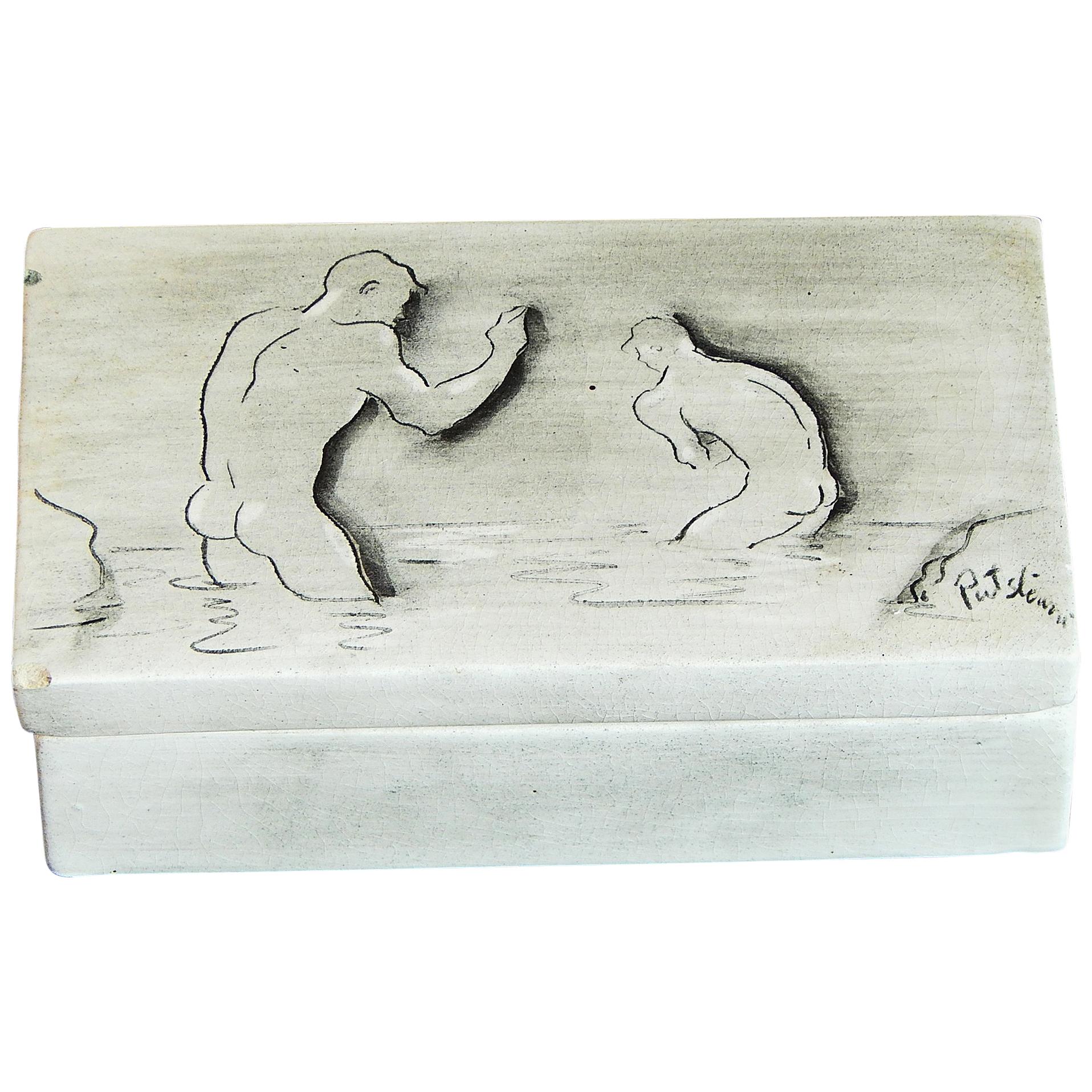 "Bathers, " Rare Covered Box with Nude Male Figures by Stewart, circa 1951