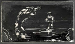 "Bathing in Laguna at Midnight", Rare Mid Century Ceramic Box w/ Male Nudes