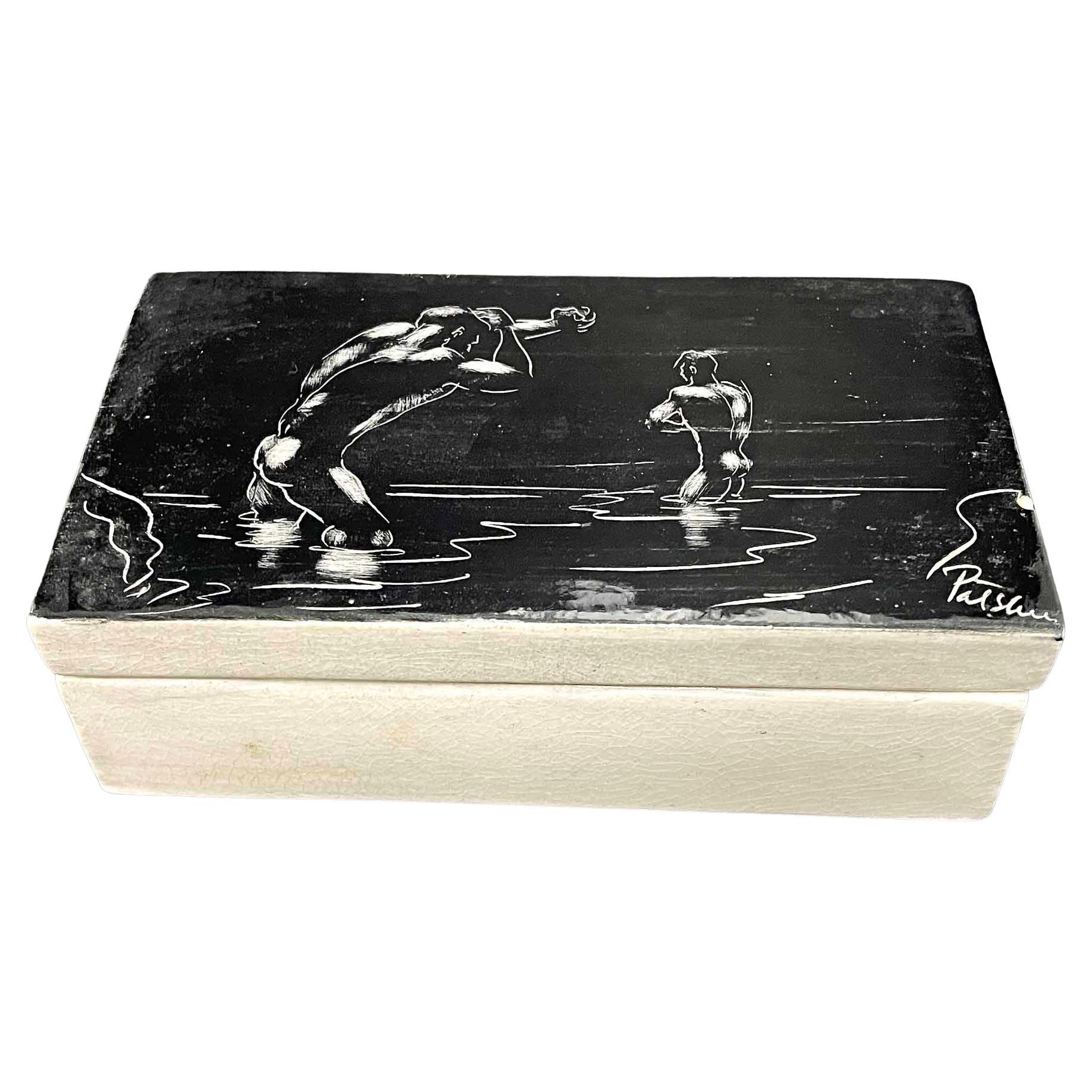 "Bathing in Laguna at Midnight", Rare Mid Century Ceramic Box w/ Male Nudes For Sale