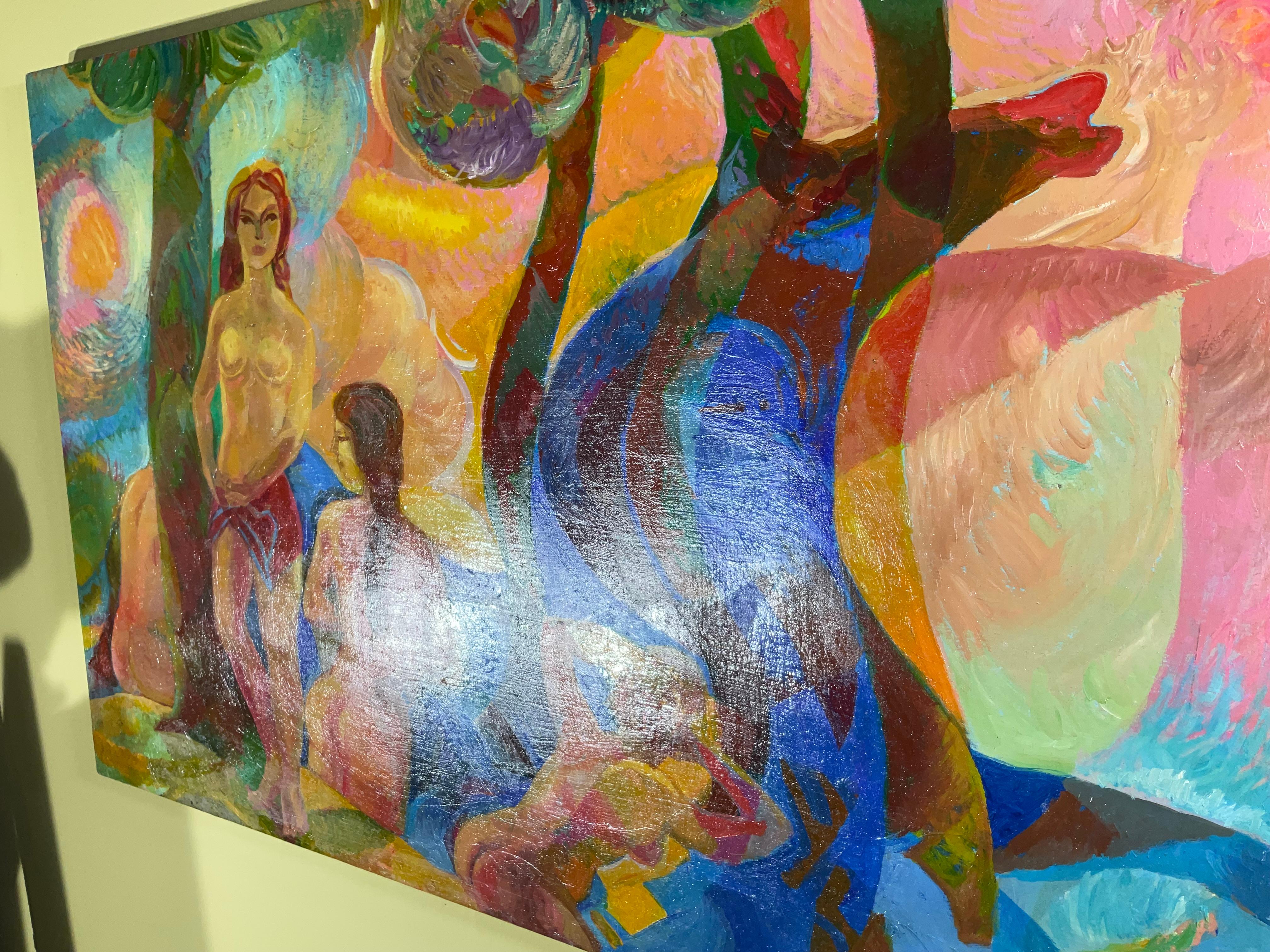 Bathing Ladies Was With Blue Horse / Acrylique sur toile en vente 4