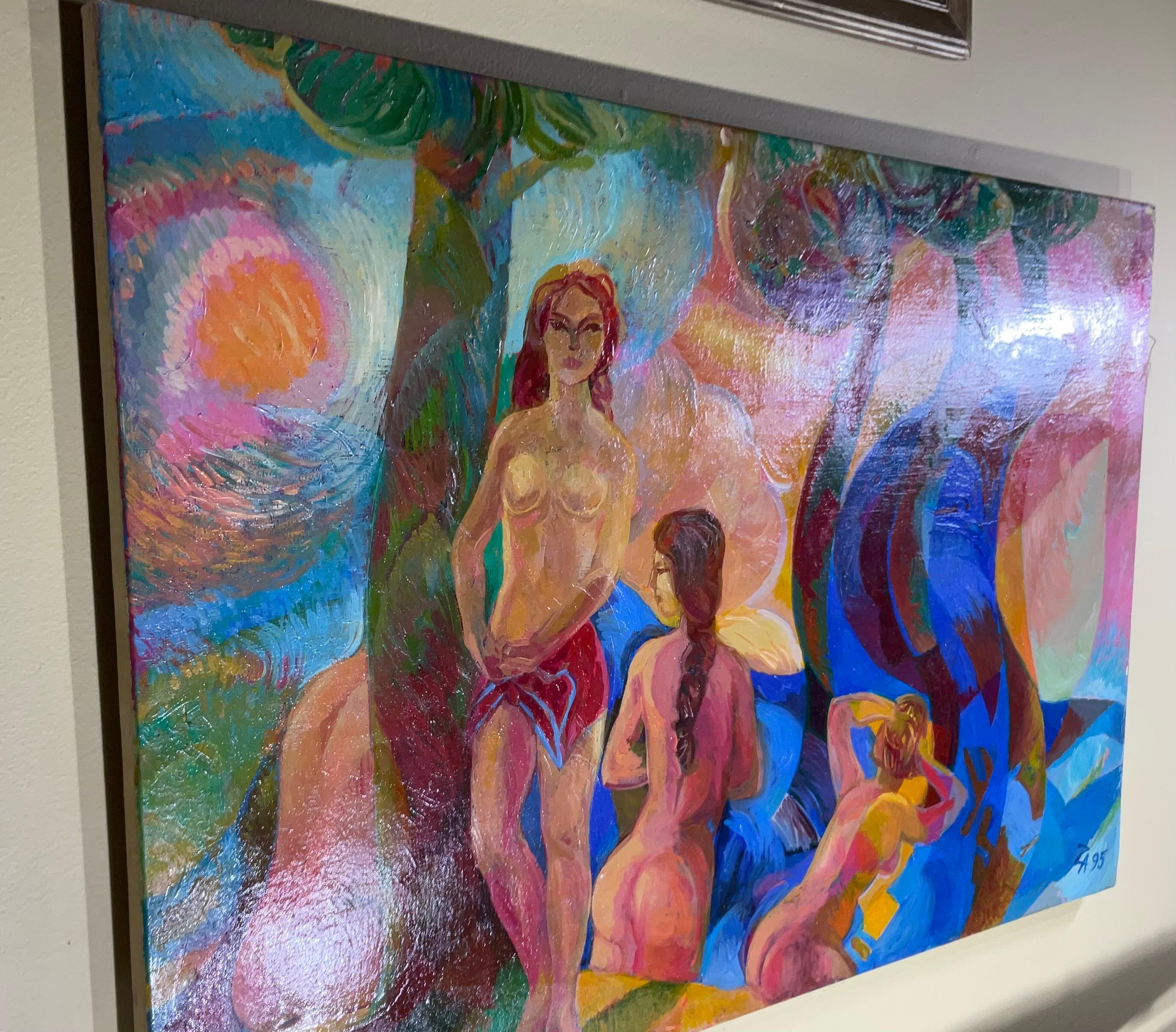 Bathing Ladies Was With Blue Horse / Acrylique sur toile en vente 5