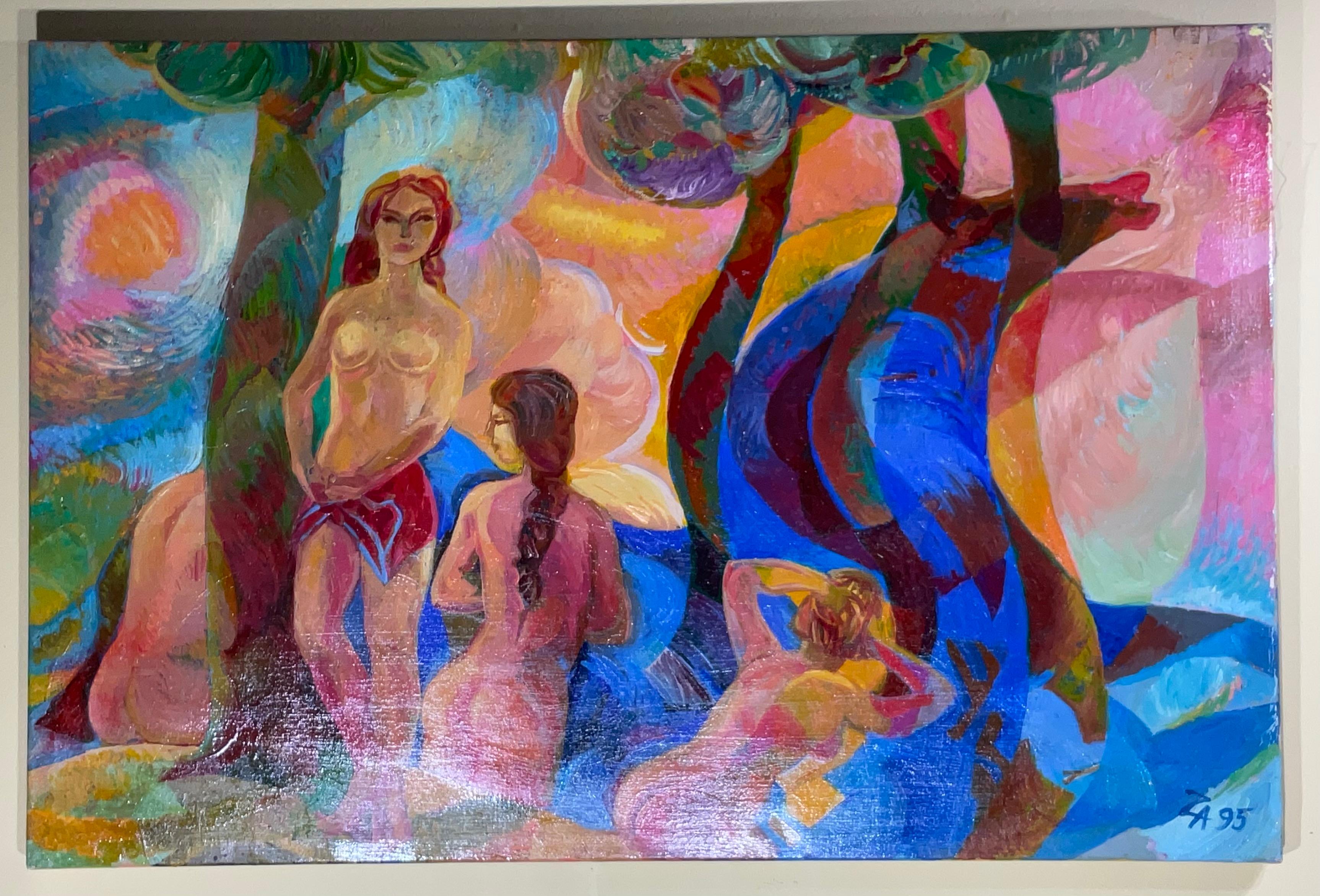 Bathing Ladies Was With Blue Horse / Acrylique sur toile en vente 8