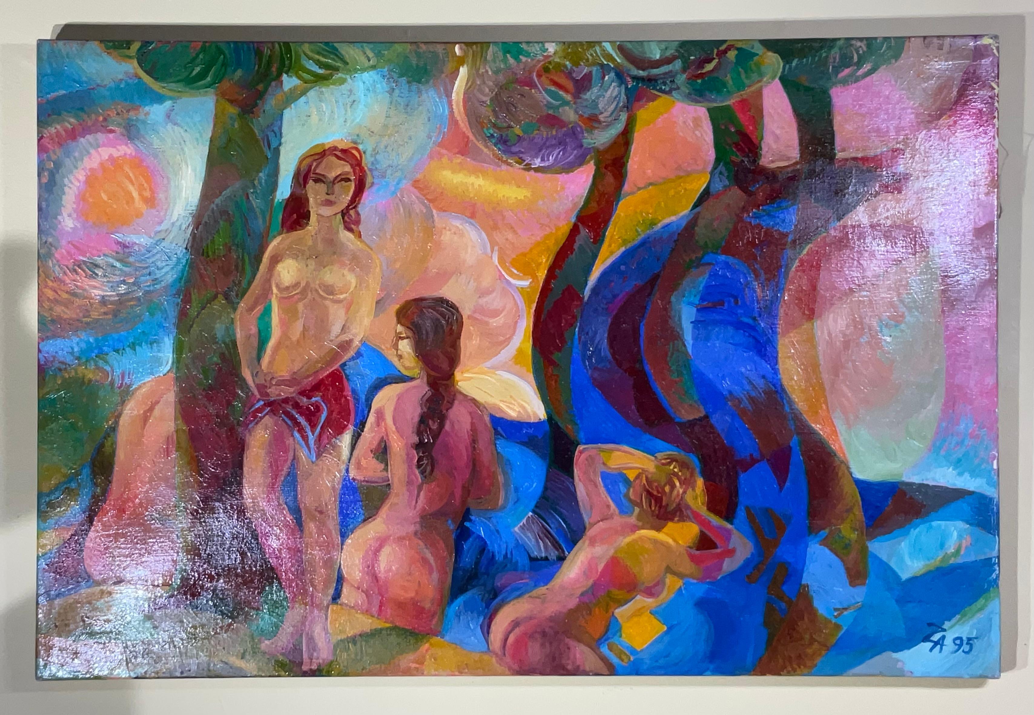 La peinture représente une scène vibrante et expressive avec trois figures féminines au milieu d'un bosquet d'arbres stylisés. Les personnages sont représentés par des coups de pinceau audacieux et colorés, créant une impression de mouvement et