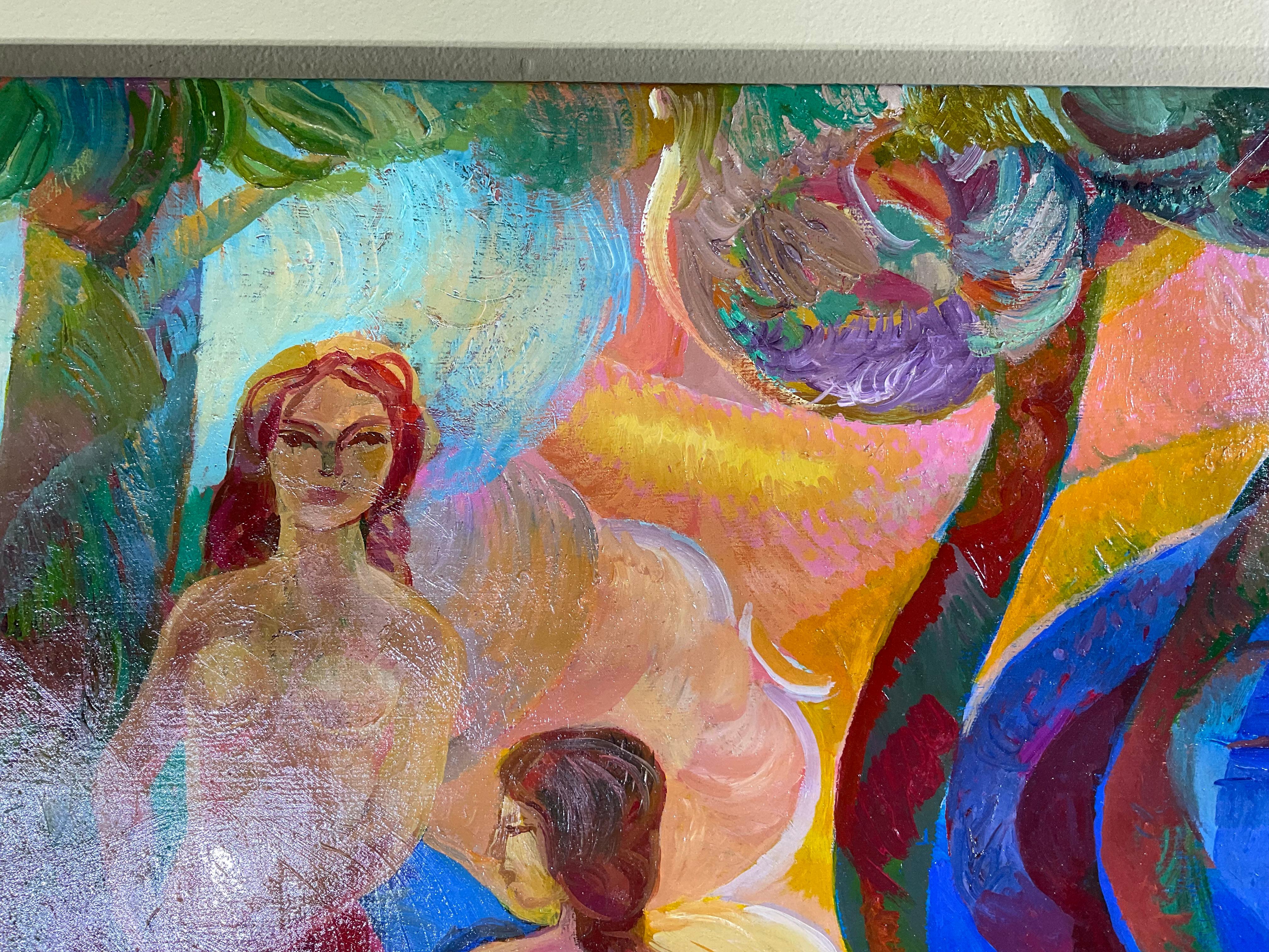 Peint à la main Bathing Ladies Was With Blue Horse / Acrylique sur toile en vente