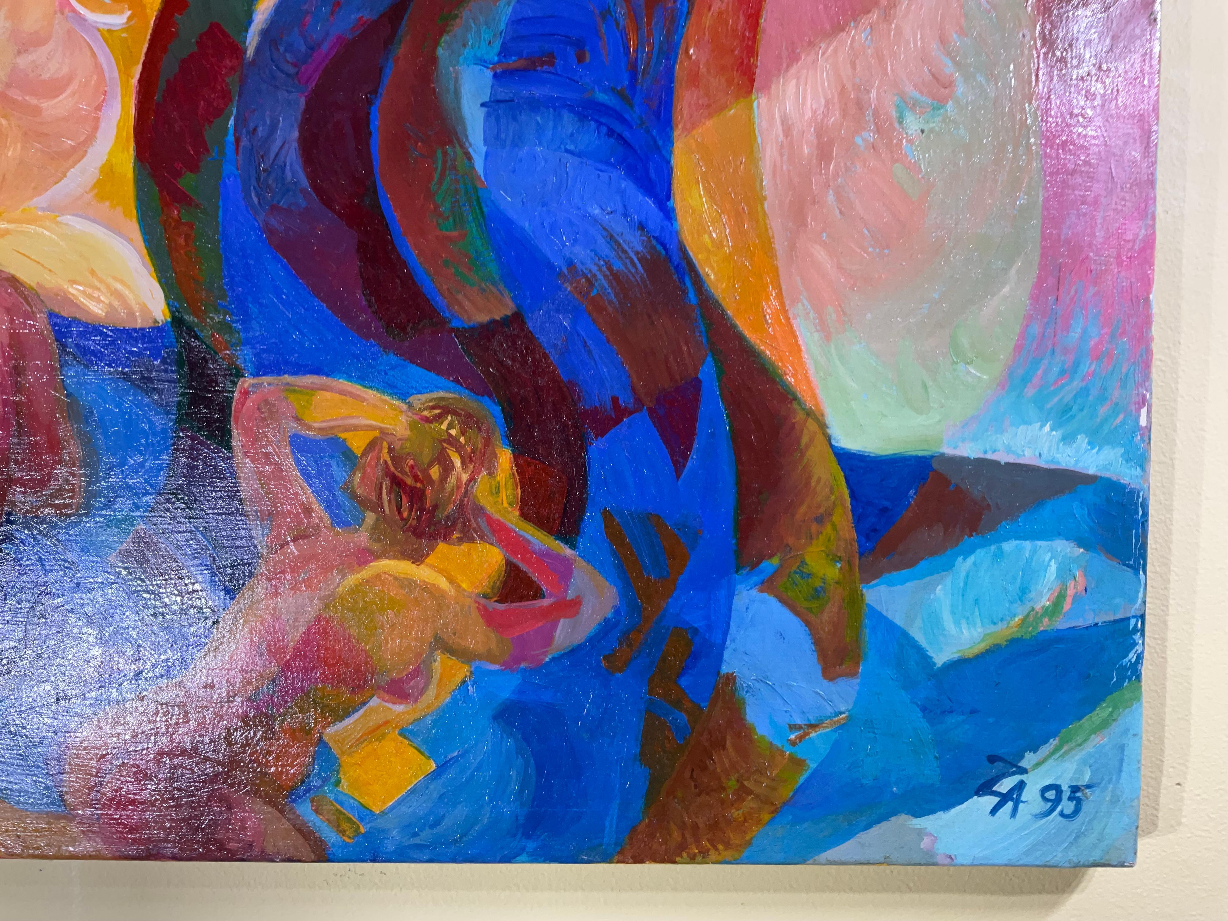 20ième siècle Bathing Ladies Was With Blue Horse / Acrylique sur toile en vente