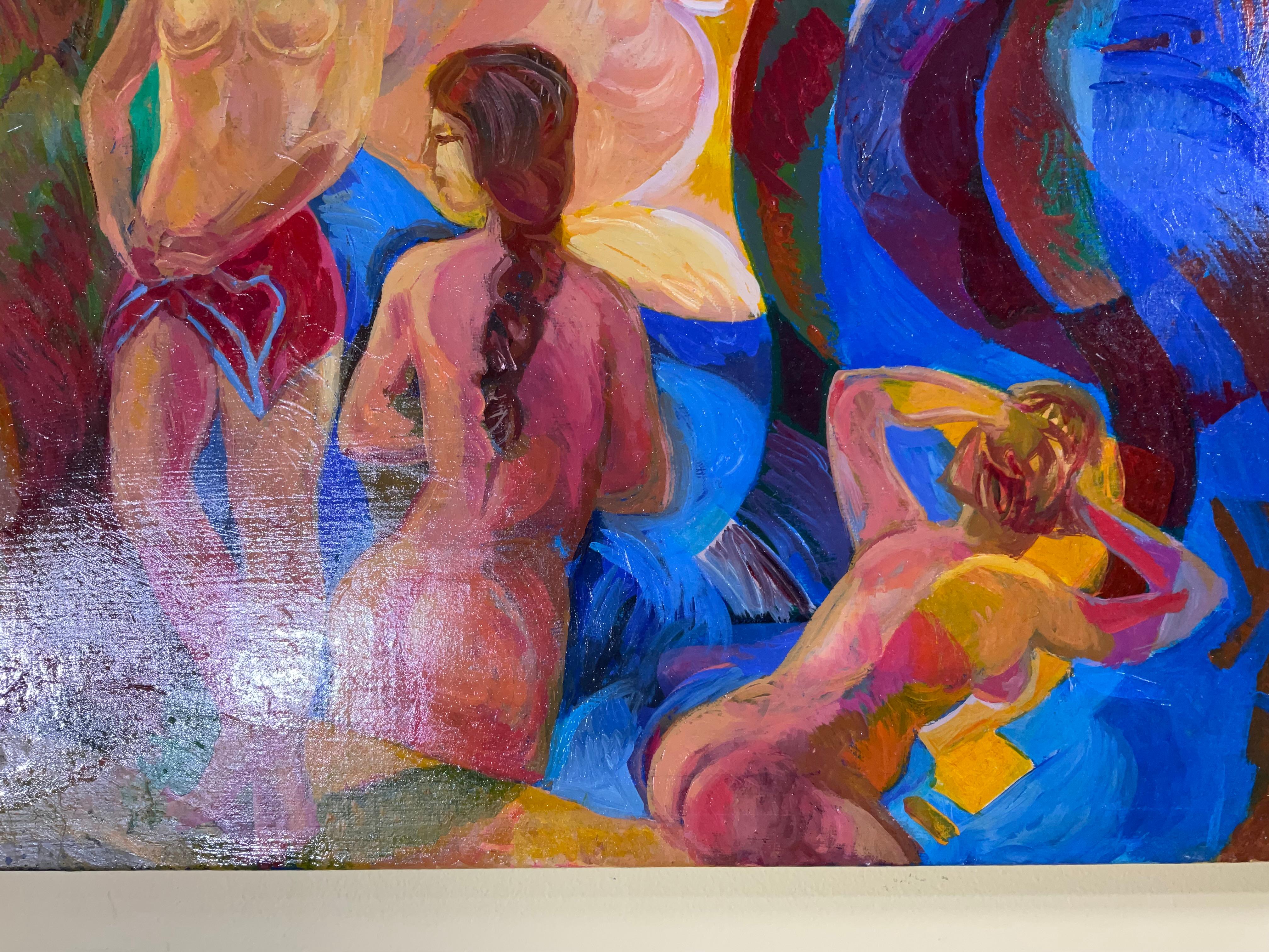 Toile Bathing Ladies Was With Blue Horse / Acrylique sur toile en vente