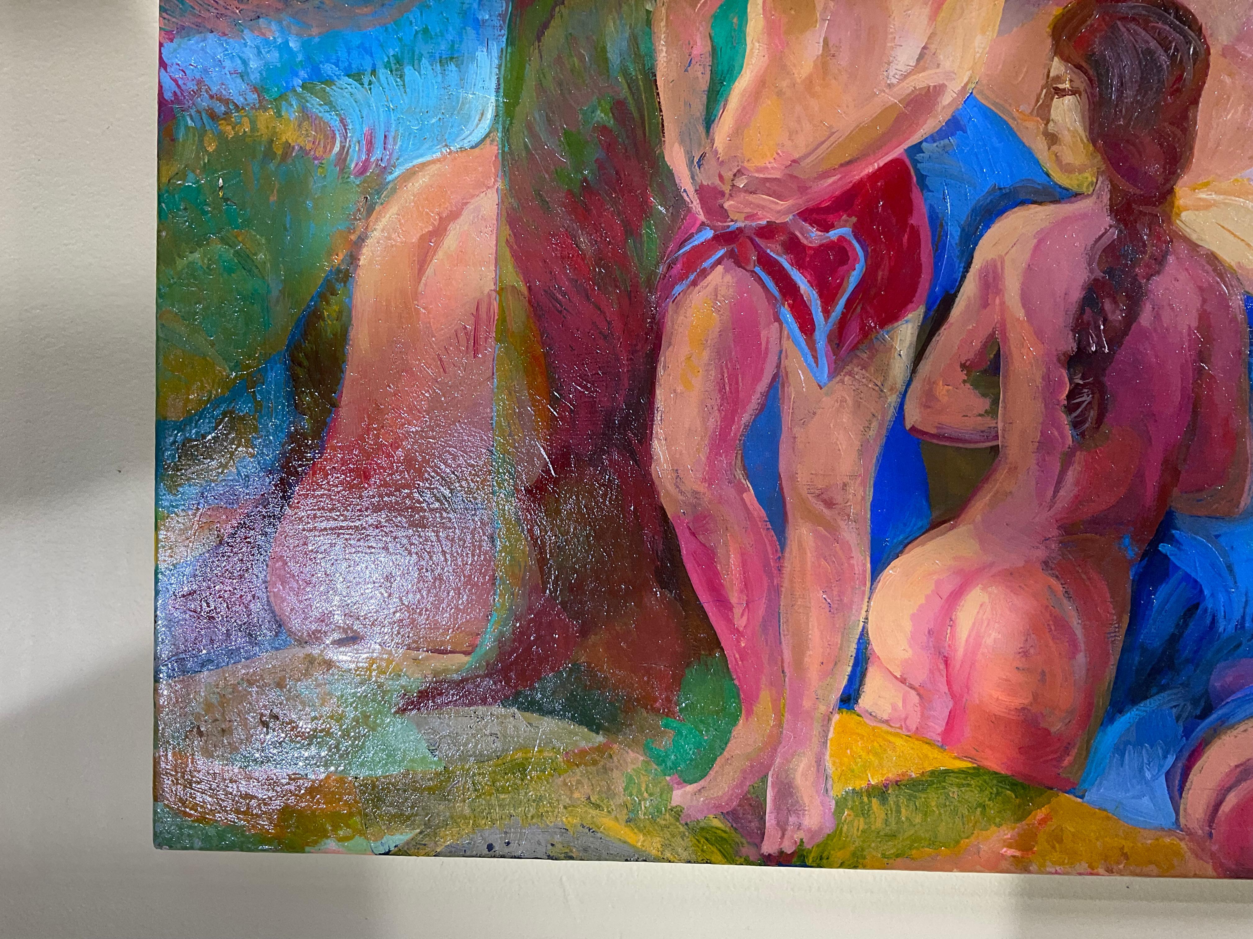 Bathing Ladies Was With Blue Horse / Acrylique sur toile en vente 1