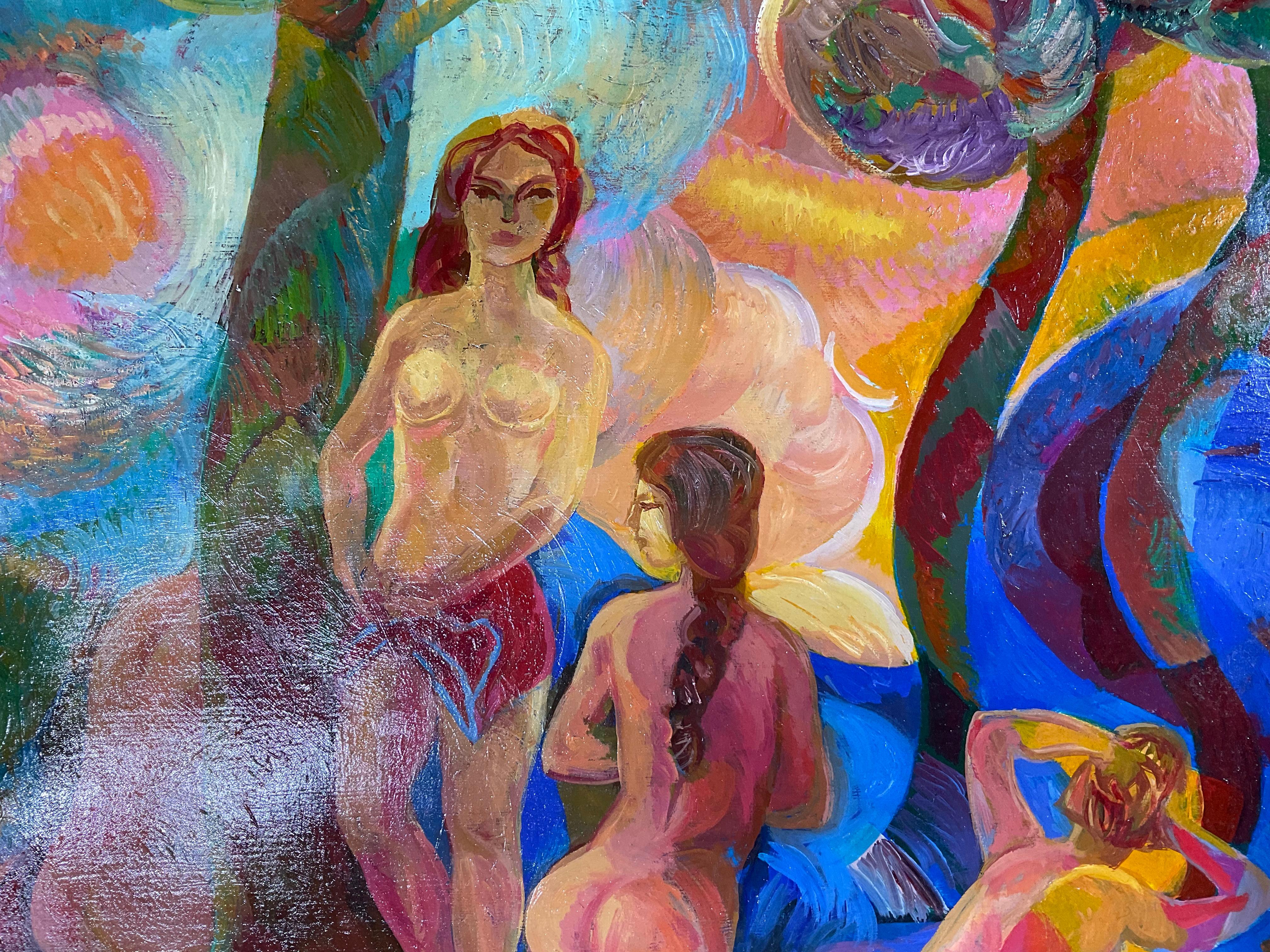 Bathing Ladies Was With Blue Horse / Acrylique sur toile en vente 2