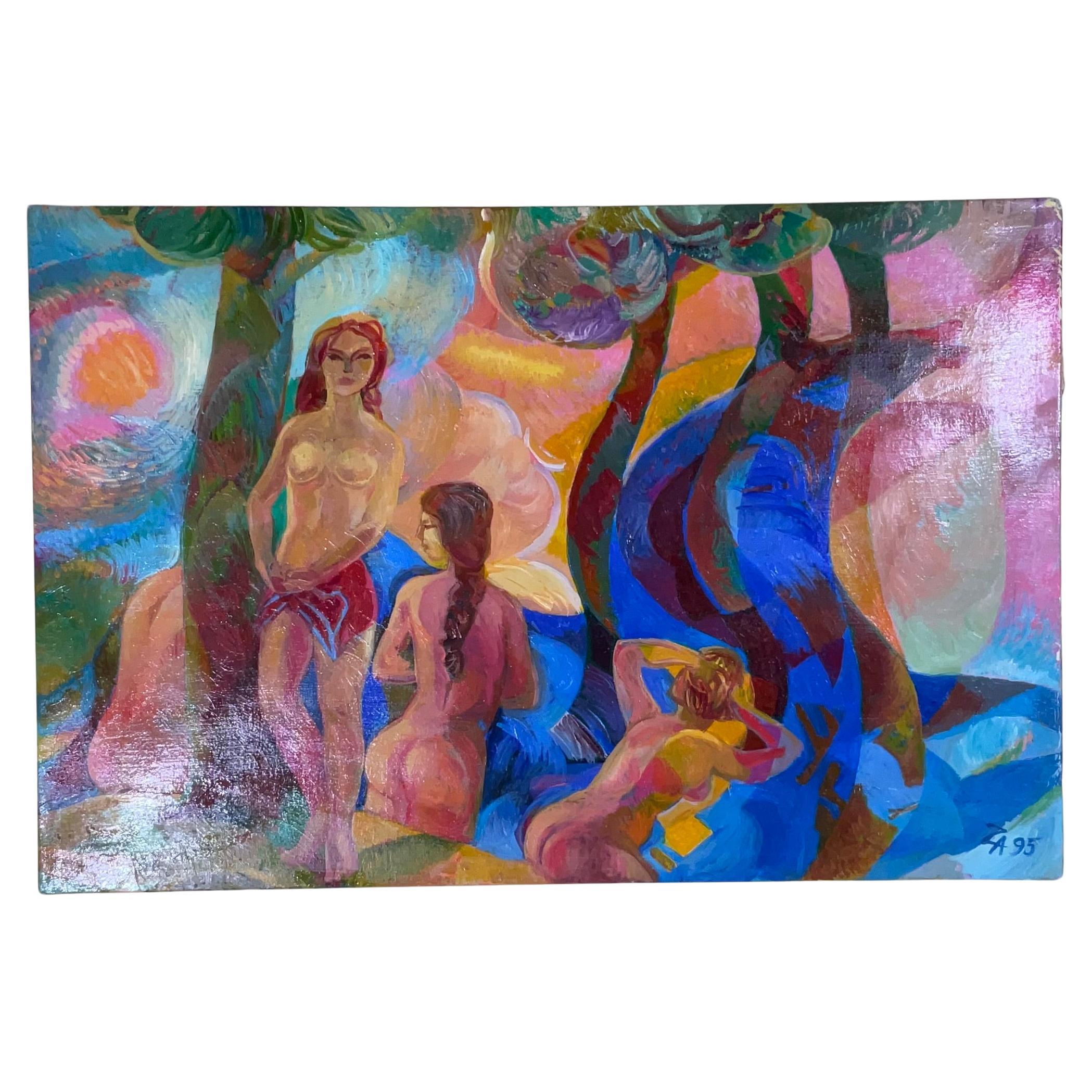 Bathing Ladies Was With Blue Horse / Acrylique sur toile en vente
