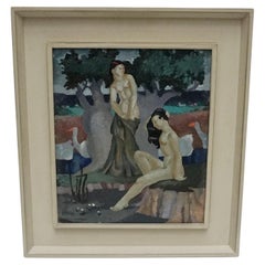 "Bathing Nudes' Art Deco Oil on Board by C Bacheler Nisbet, Circa 1930