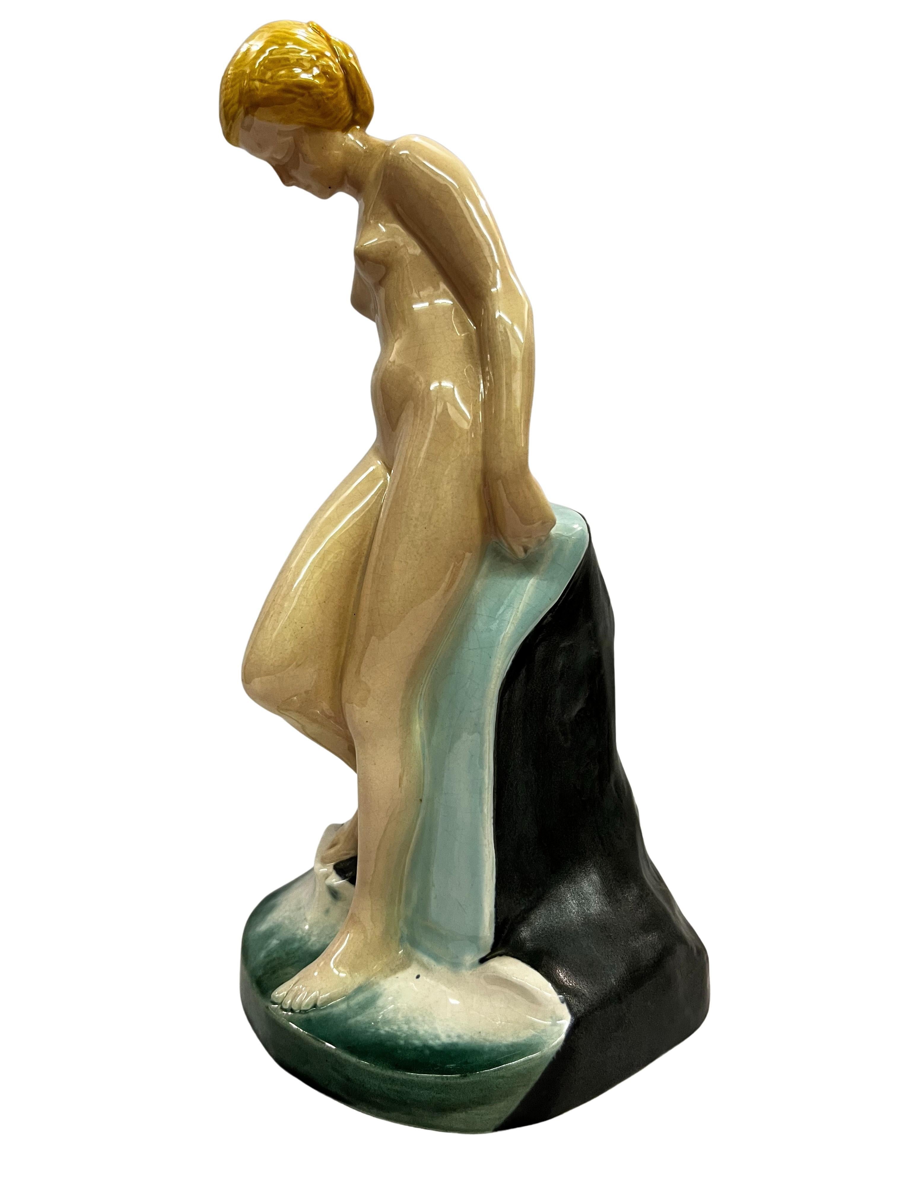 Glazed Bathing woman figure, Wiener Kunstkeramische Werkstätte, ceramics, 1915, Vienna For Sale
