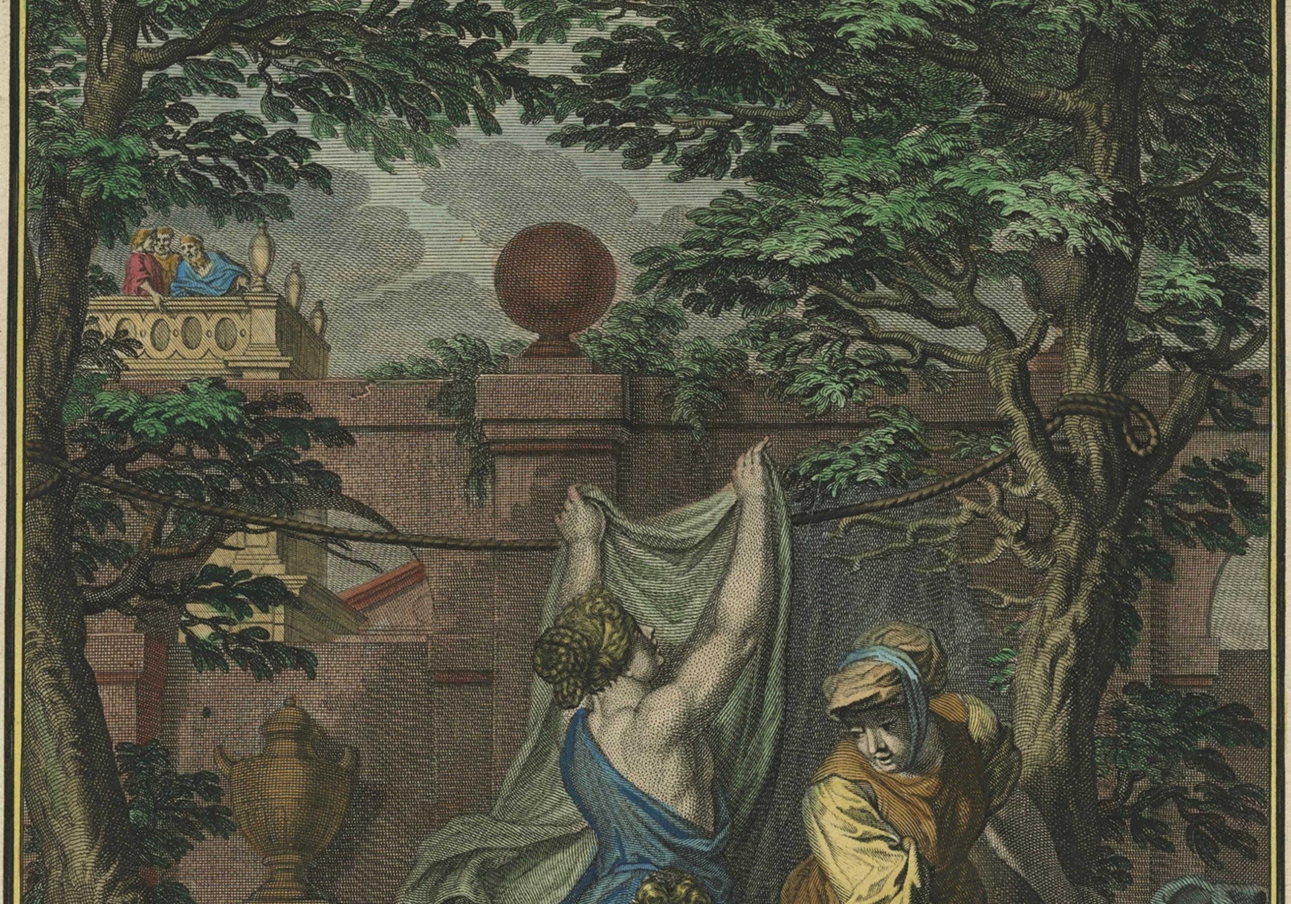 Bathsheba Bathing – Antique Hand-Coloured Engraving after Picart, 1727–1738

This striking hand-coloured engraving depicts the biblical scene of Bathsheba bathing, as described in II Samuel XI:2. Bathsheba, draped in a crimson cloth, is shown seated