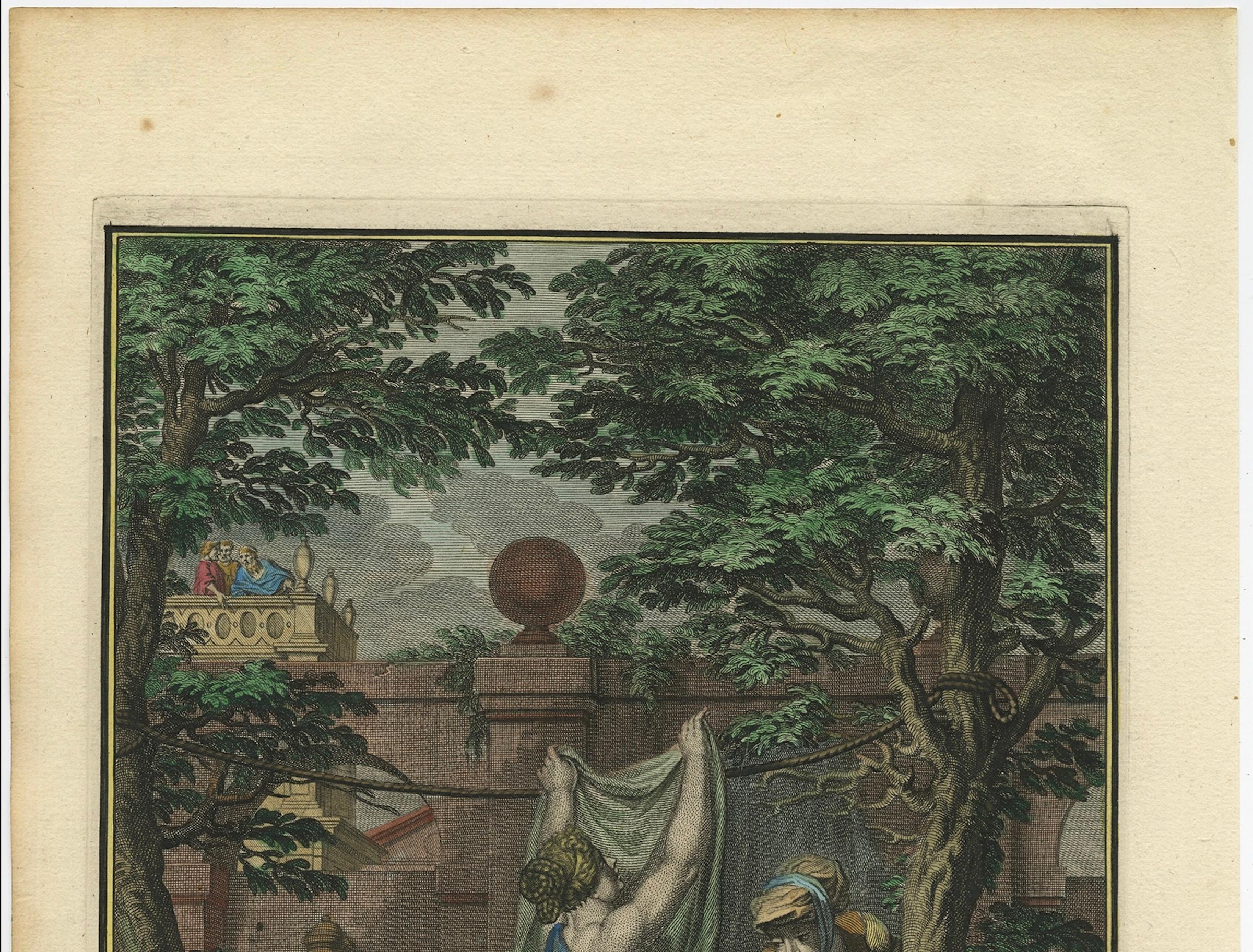 Dutch Bathsheba in the Bath – Old Testament Scene, Antique Engraving c.1730 For Sale