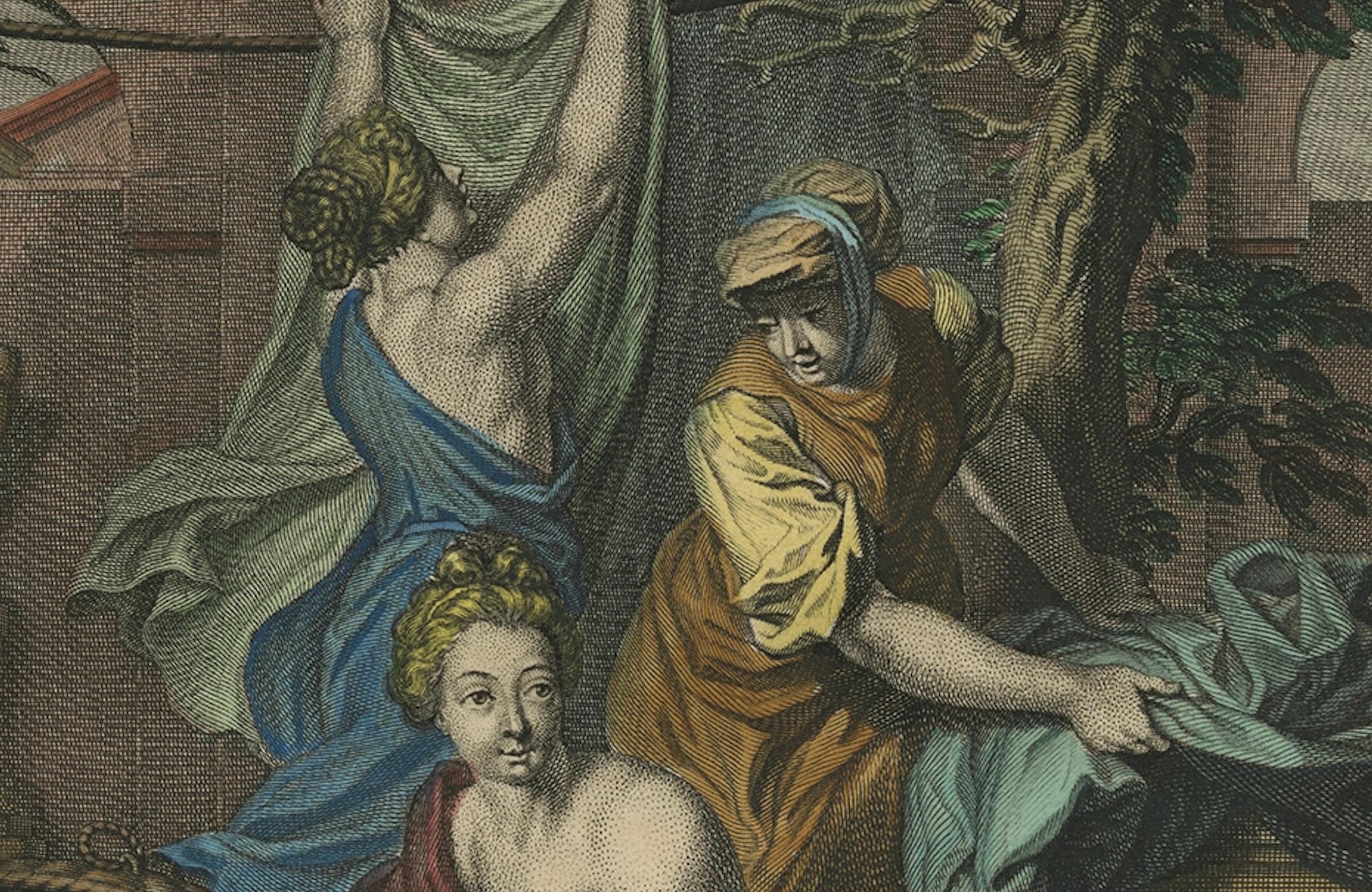 Engraved Bathsheba in the Bath – Old Testament Scene, Antique Engraving c.1730 For Sale