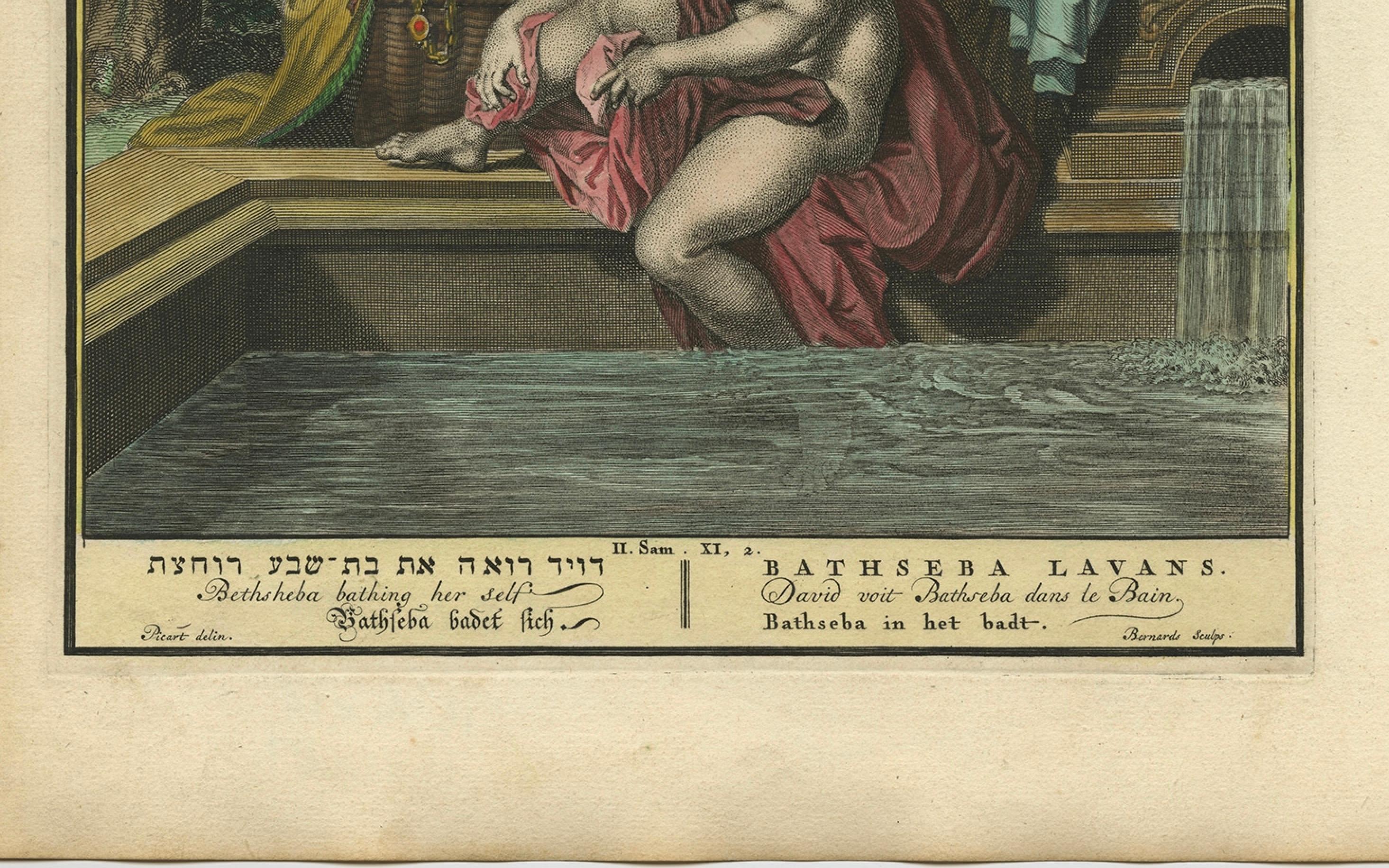 Bathsheba in the Bath – Old Testament Scene, Antique Engraving c.1730 In Good Condition For Sale In Langweer, NL