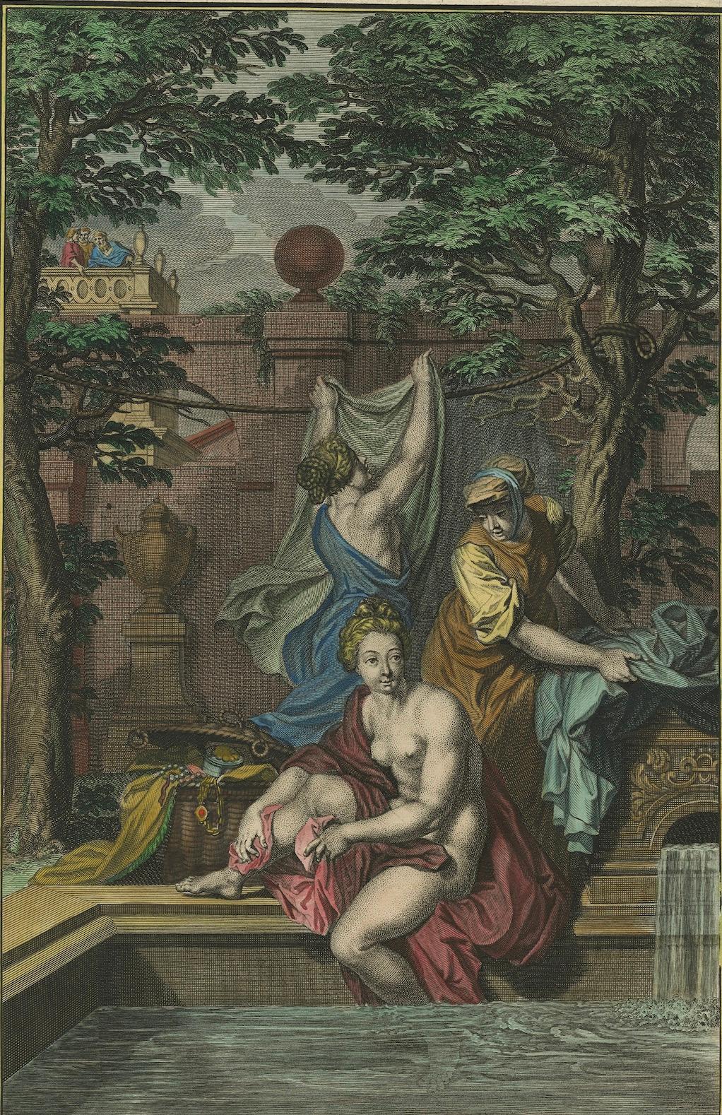 18th Century Bathsheba in the Bath – Old Testament Scene, Antique Engraving c.1730 For Sale