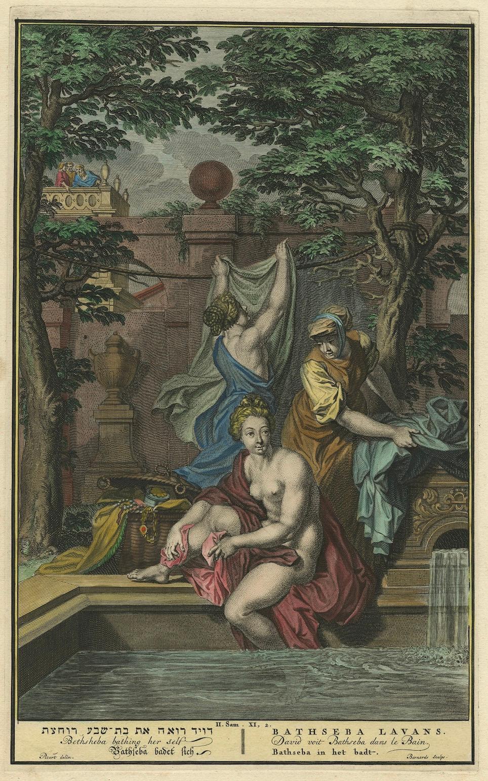 Paper Bathsheba in the Bath – Old Testament Scene, Antique Engraving c.1730 For Sale