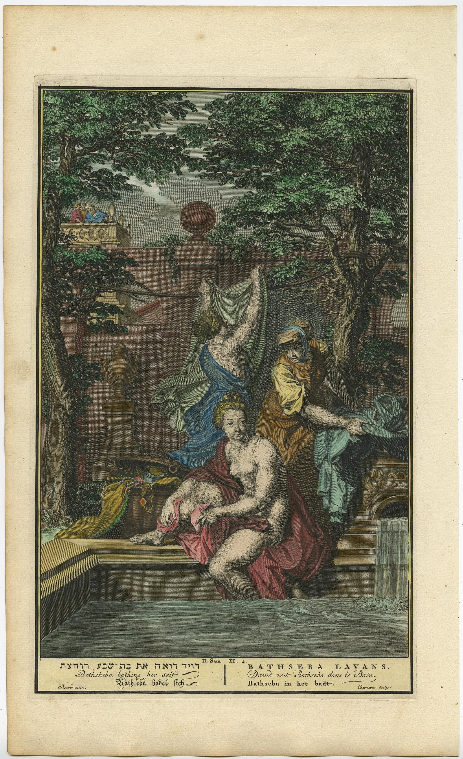 Bathsheba in the Bath – Old Testament Scene, Antique Engraving c.1730 For Sale 1